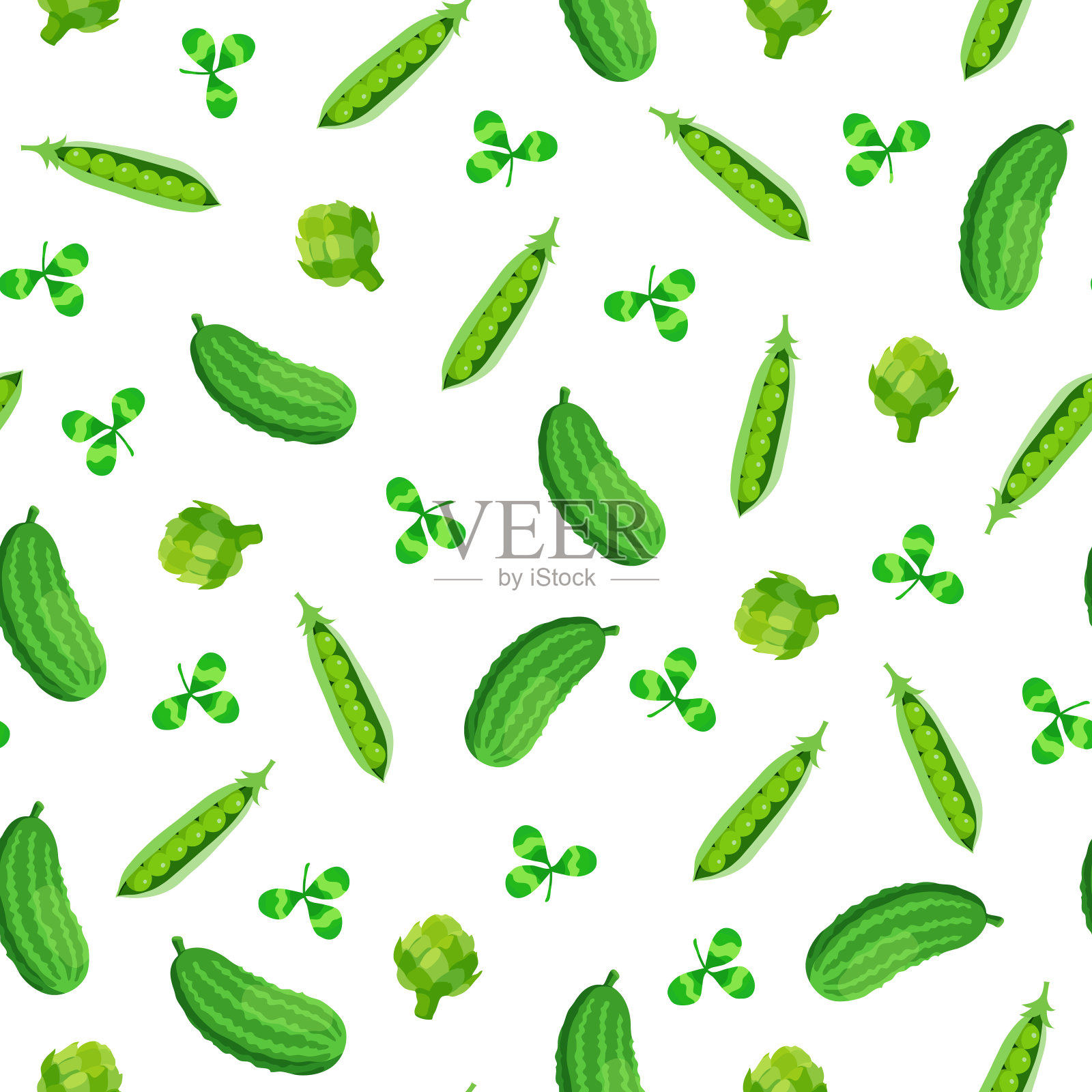 无缝模式与绿色蔬菜在白色的背景。插画图片素材