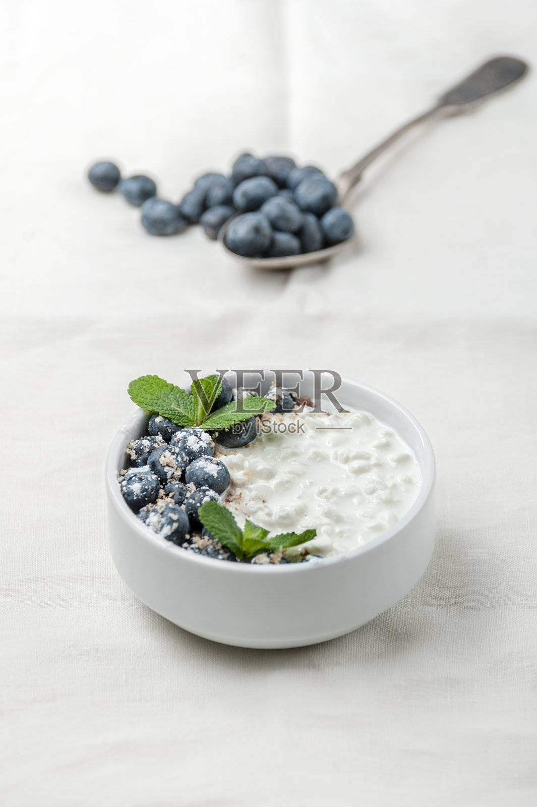 白呢绒奶酪与新鲜蓝莓和薄荷叶在白色织物背景。照片摄影图片