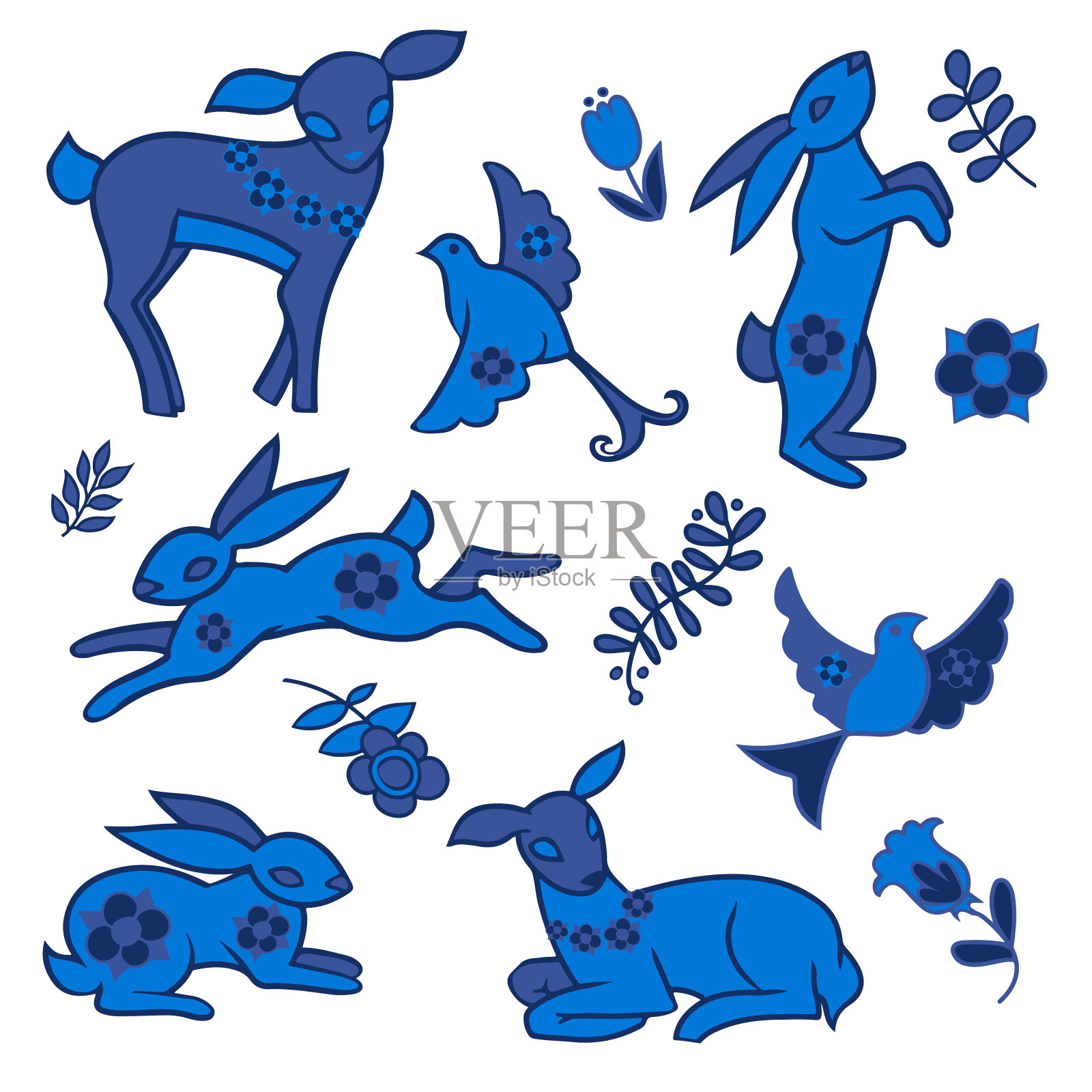 单色插图。野兔，鹿，鸟和花卉元素。插画图片素材