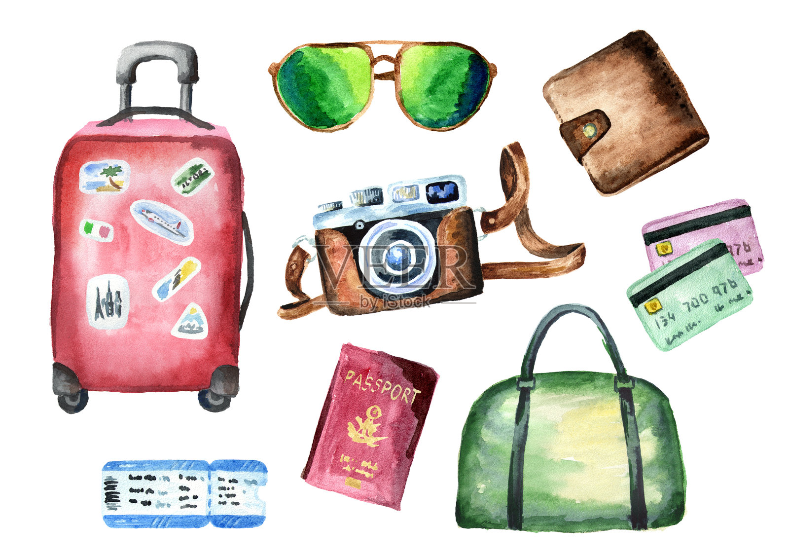 旅行箱，旅行袋，护照，机票，钱包，信用卡，相机和太阳镜。孤立在白色背景上。水彩手绘插图插画图片素材