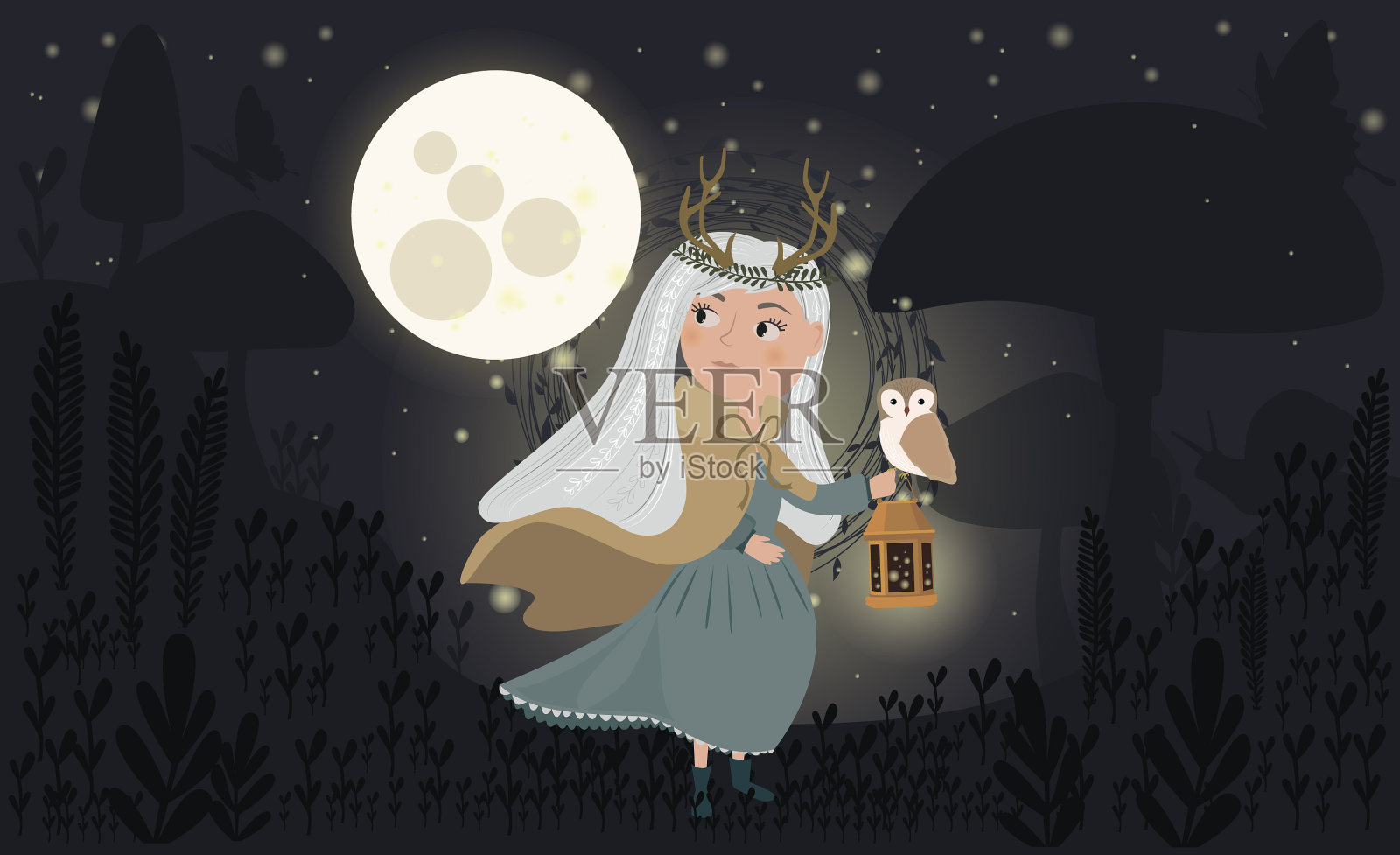 魔法森林插图与女孩和夜森林。插画图片素材