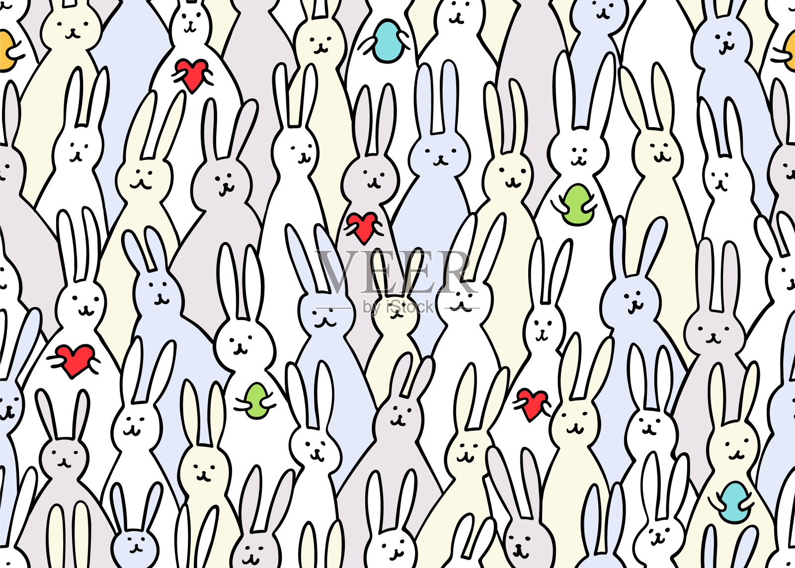 有趣的兔子无缝图案。可爱的复活节兔子的插图与复活节蛋和心。明亮的复活节背景纺织品，织物，封面，剪贴簿，壁纸，印刷，礼品包装设计元素图片