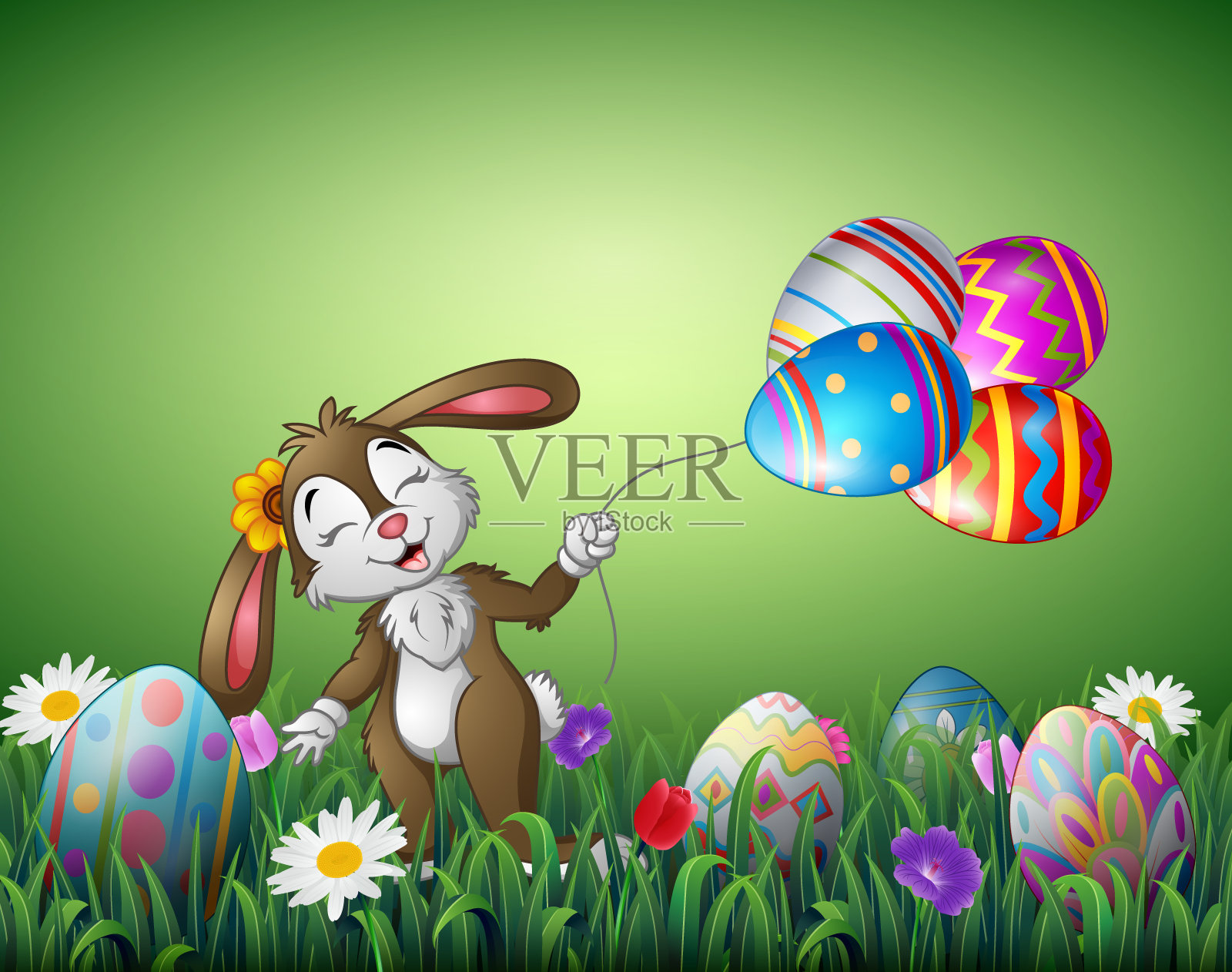可爱的复活节兔子拿着一个复活节彩蛋气球在田野里插画图片素材