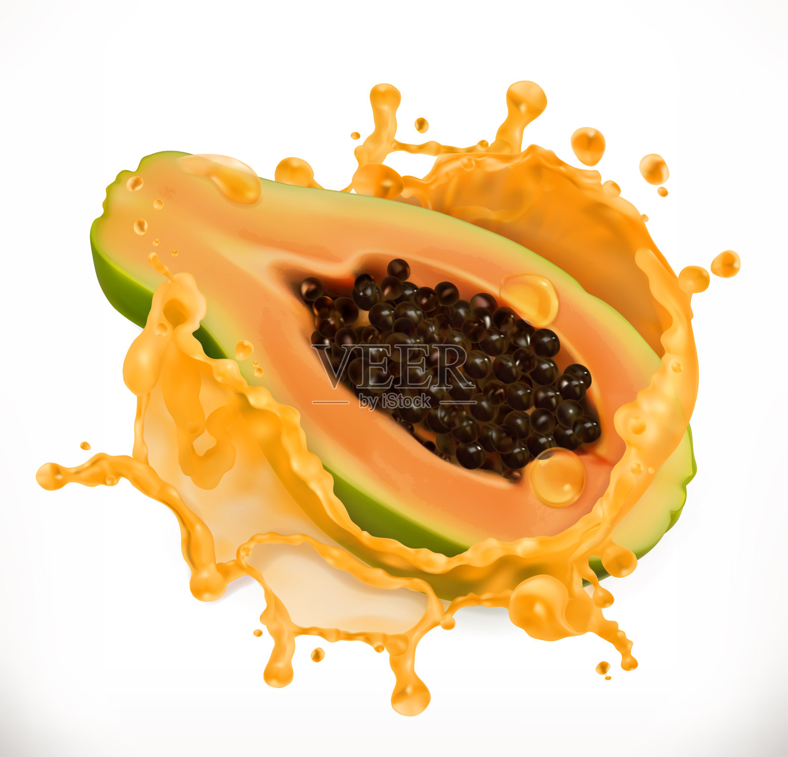 木瓜汁。新鲜水果，3d矢量图标设计元素图片