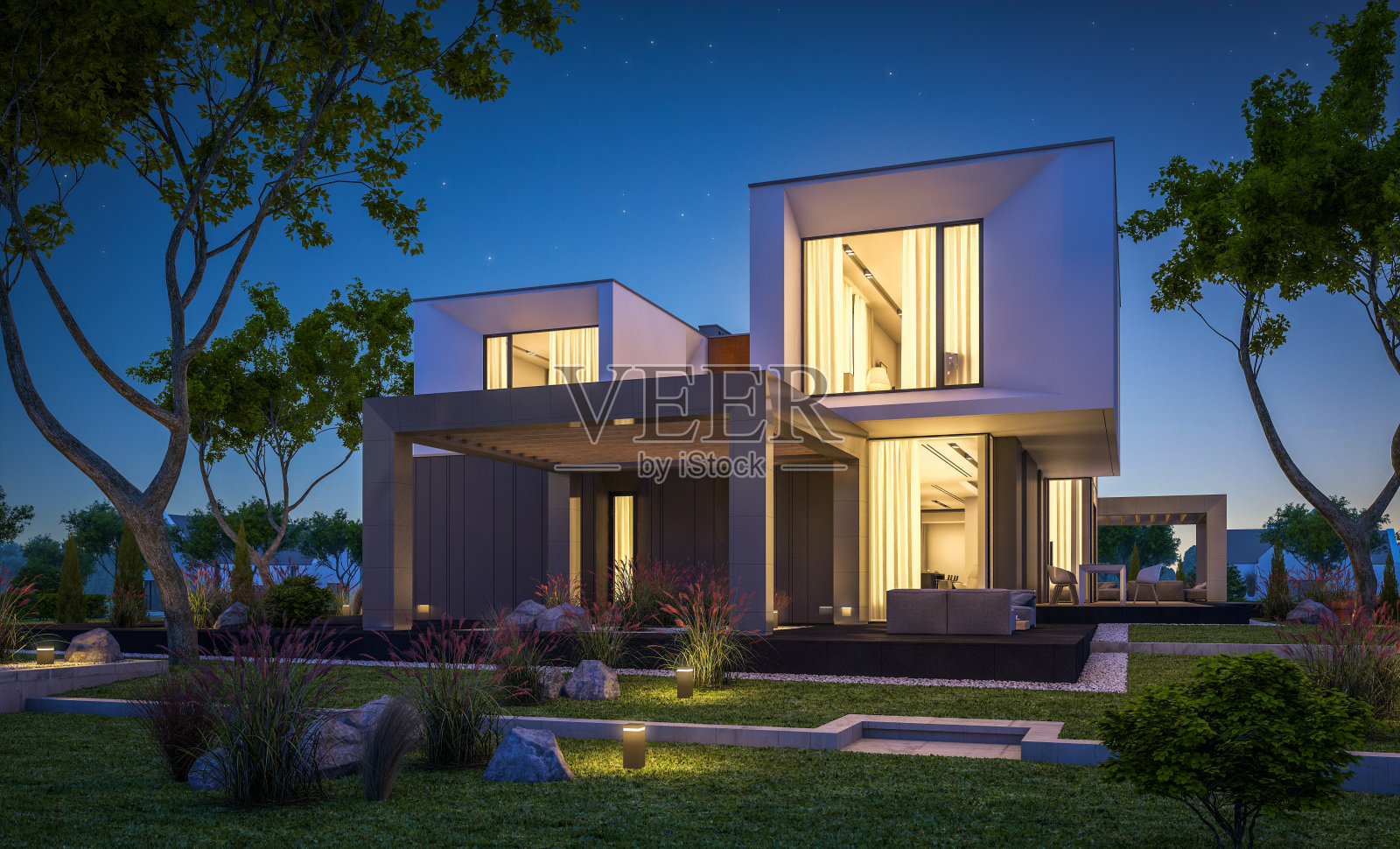 三维渲染现代舒适的房子在花园晚上照片摄影图片
