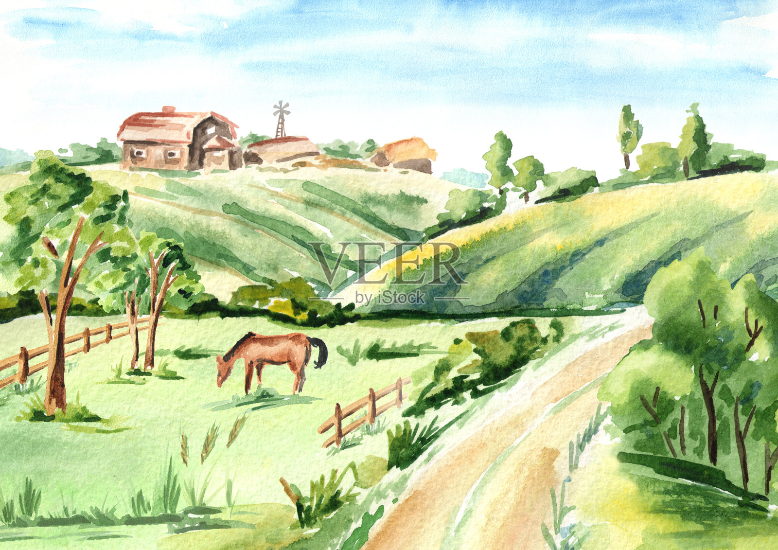 农场在农村景观。水彩手绘插图插画图片素材