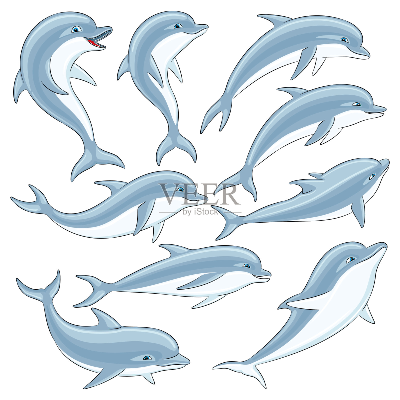 一组蓝色海豚。设计元素图片