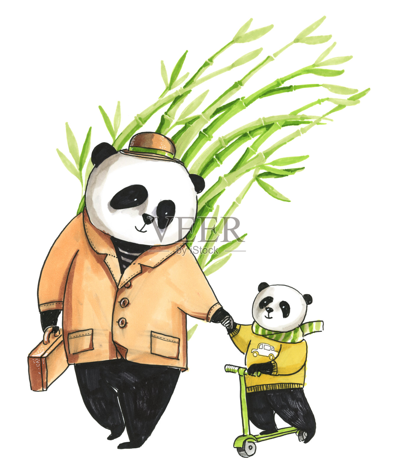 水彩插图。穿着棕色夹克的熊猫爸爸和他的小熊猫在踏板车上走了很远插画图片素材