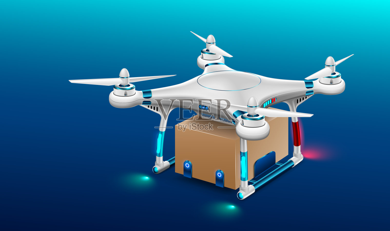 无人机降落与纸箱包装。Quadrocopter信使。自动空运送货技术。未来的概念。插画图片素材