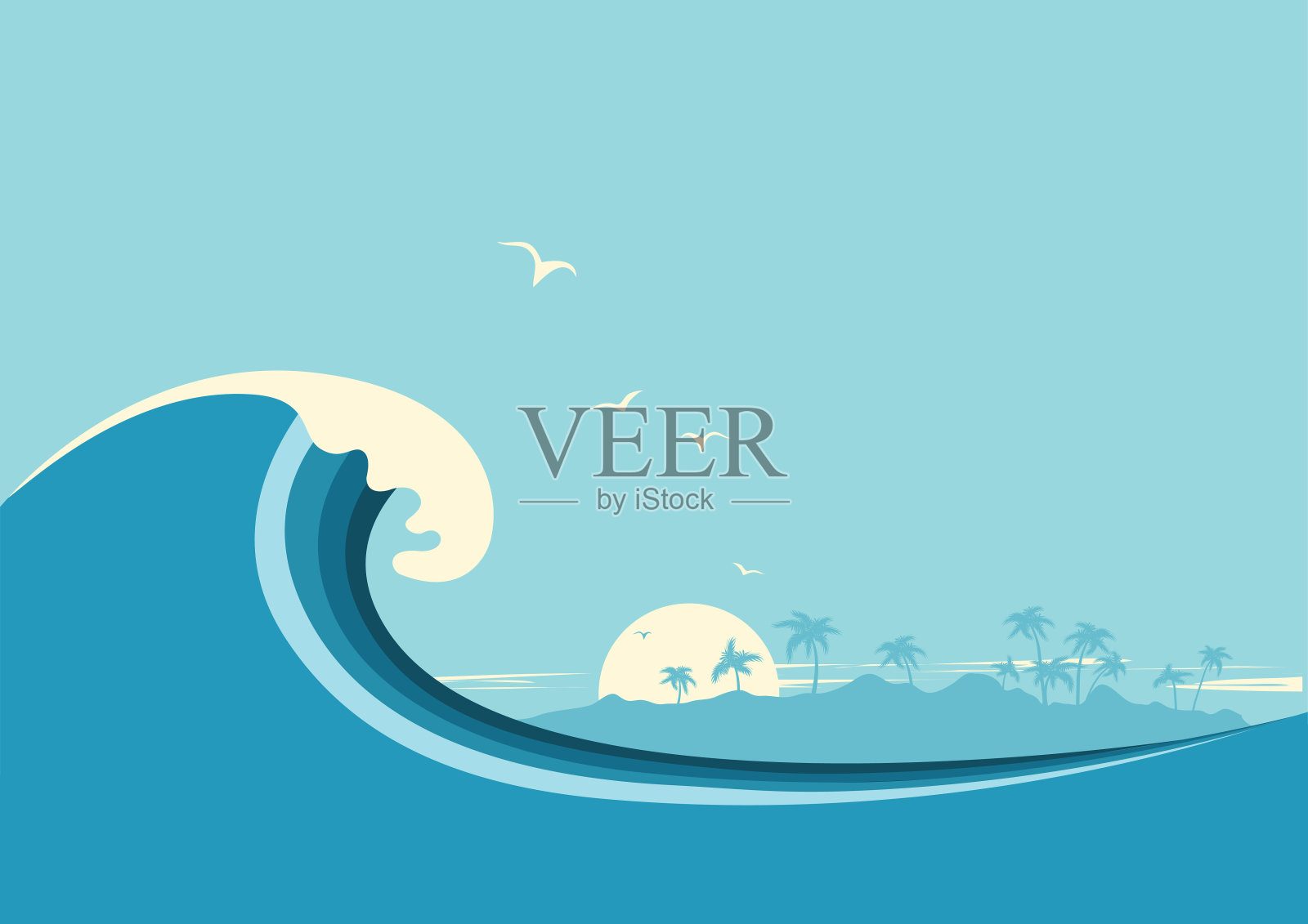 巨浪和热带岛屿。向量蓝色背景插画图片素材
