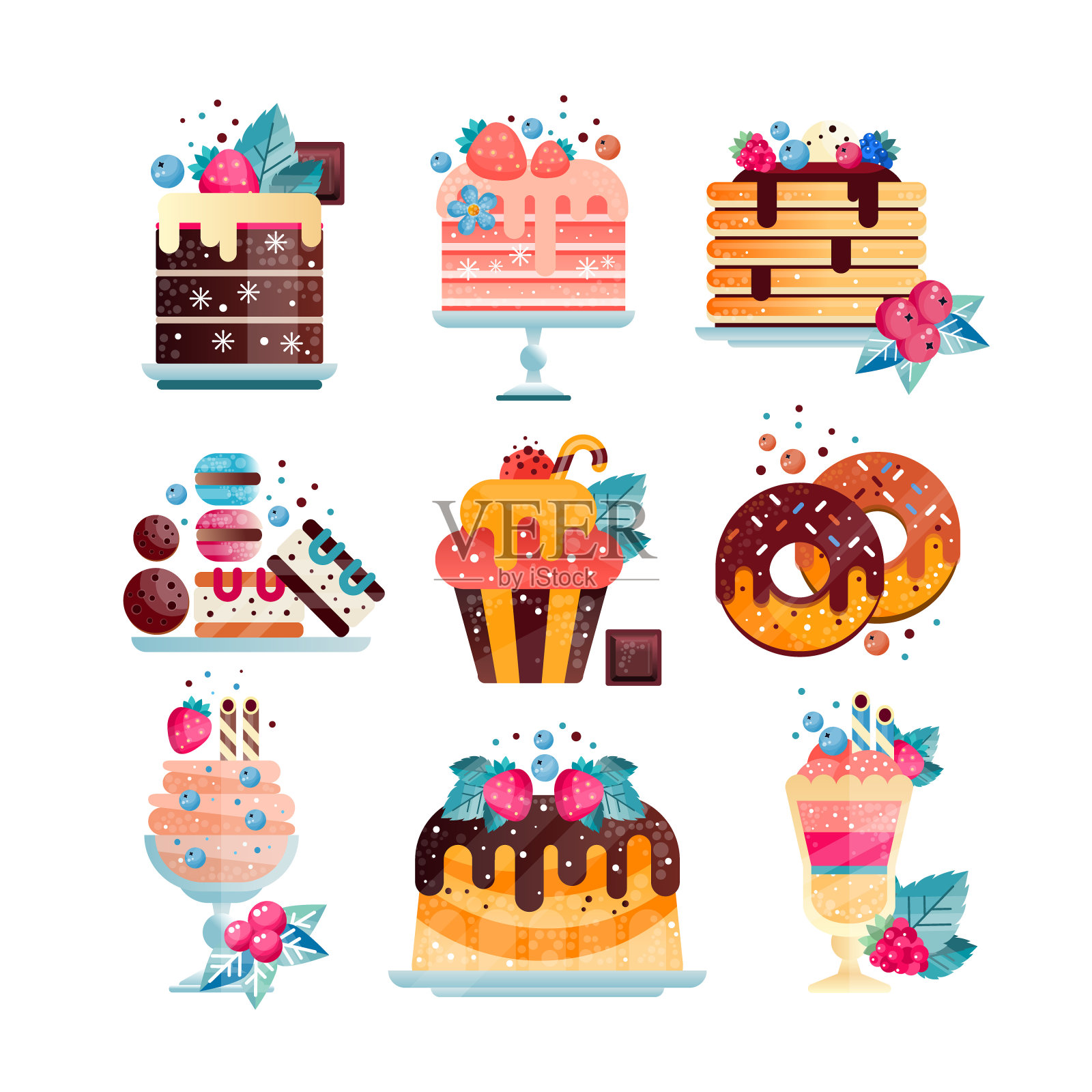 平面矢量集各种美味的甜点与梯度和纹理。蛋糕，纸杯蛋糕，甜甜圈，冰淇淋，煎饼，饼干和杏仁饼干插画图片素材