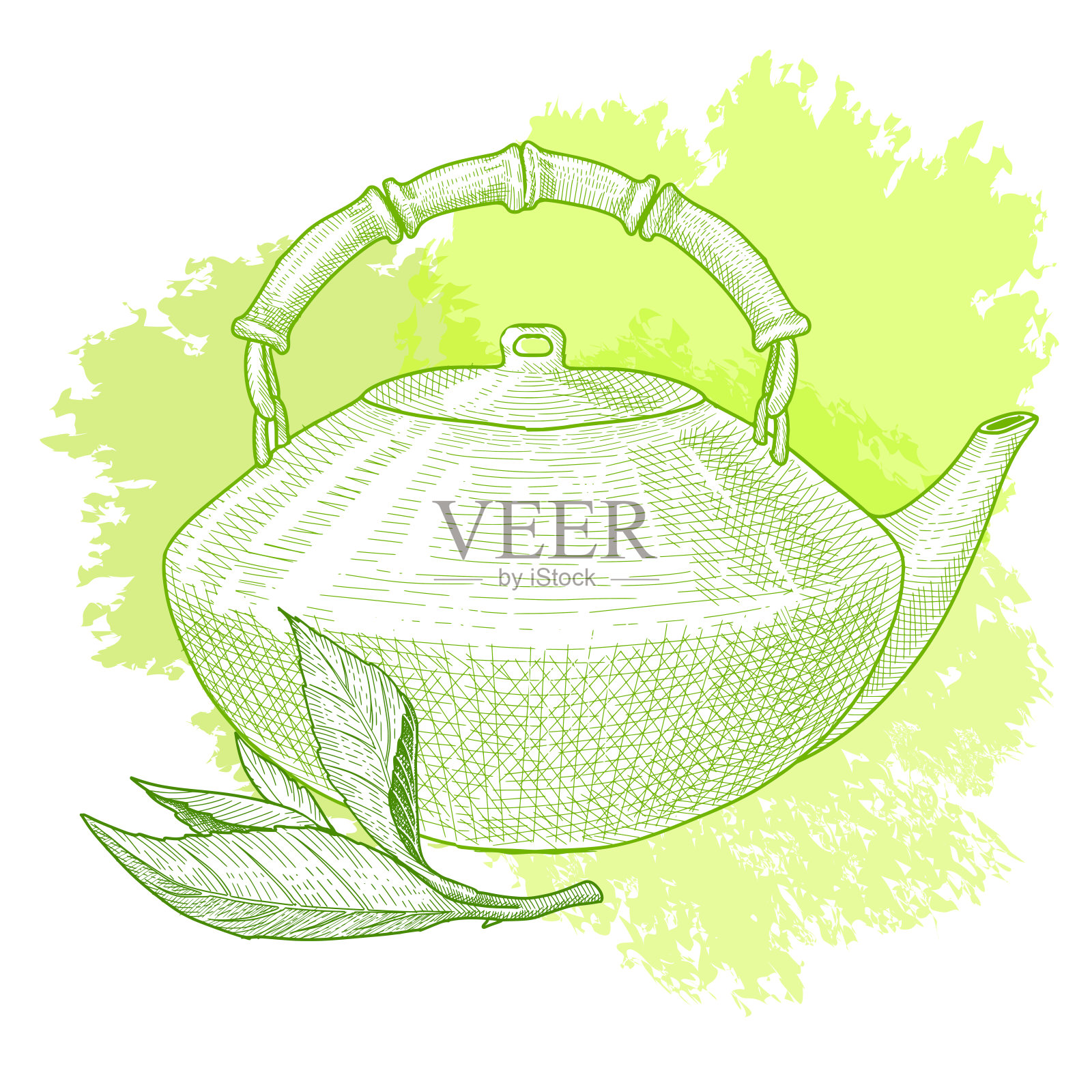 茶壶与茶叶和绿茶在水彩背景。插画图片素材