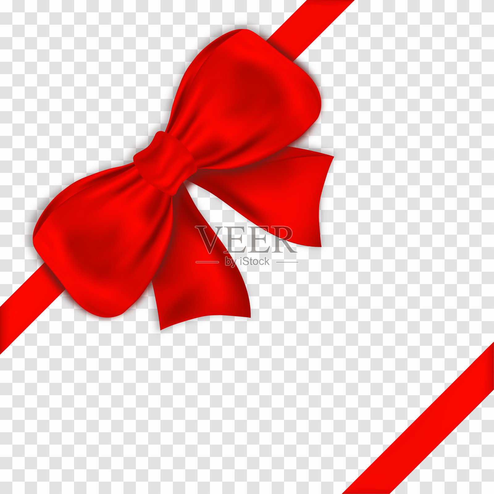 红色蝴蝶结与透明的背景缎带。现实的缎面礼物蝴蝶结设计元素图片