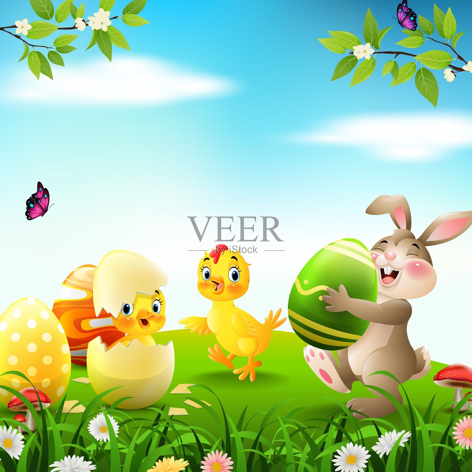 卡通兔子与小鸡和小鸭在田野里插画图片素材