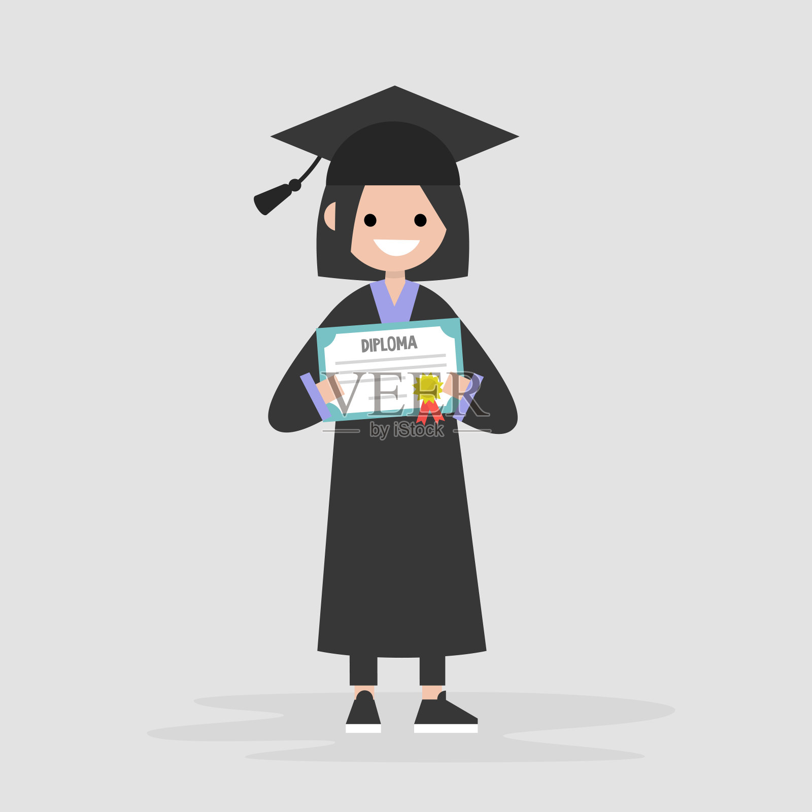 年轻的女毕业生身穿黑袍，持有文凭证书。毕业典礼。平面可编辑矢量插图，剪辑艺术插画图片素材