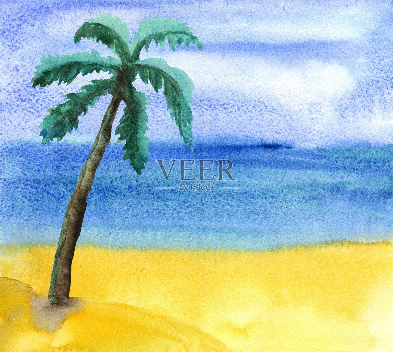 水彩画夏天，海滩，大海，天空，沙子，棕榈树插画图片素材