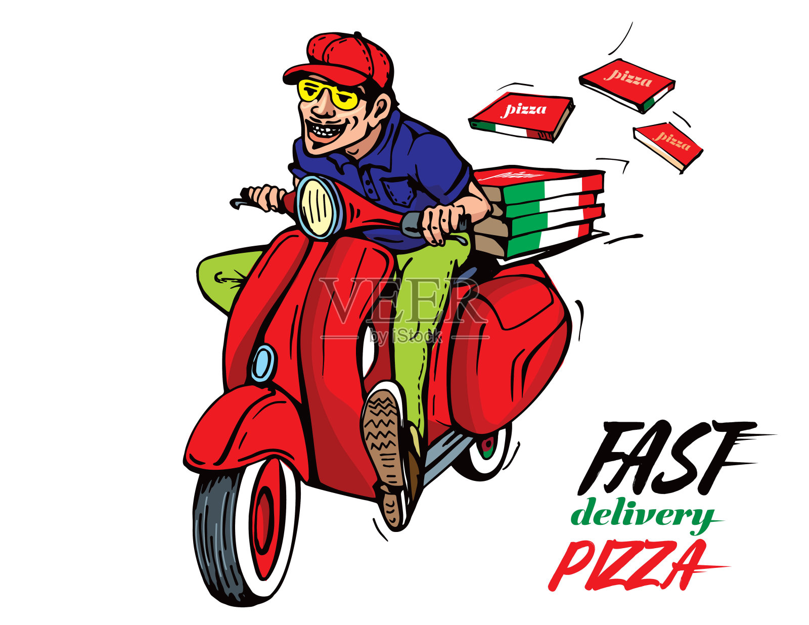 披萨很快交付。一个骑摩托车的男孩送热披萨。滑板车。设计元素图片