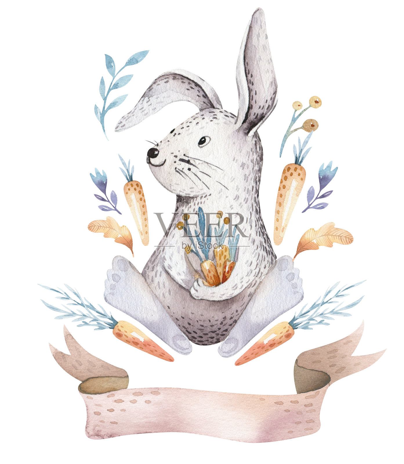 可爱的波西米亚婴儿卡通兔子动物幼儿园，森林幼儿园孤立的兔子森林插画儿童。兔子动物模式。水彩手绘波西米亚集插画图片素材