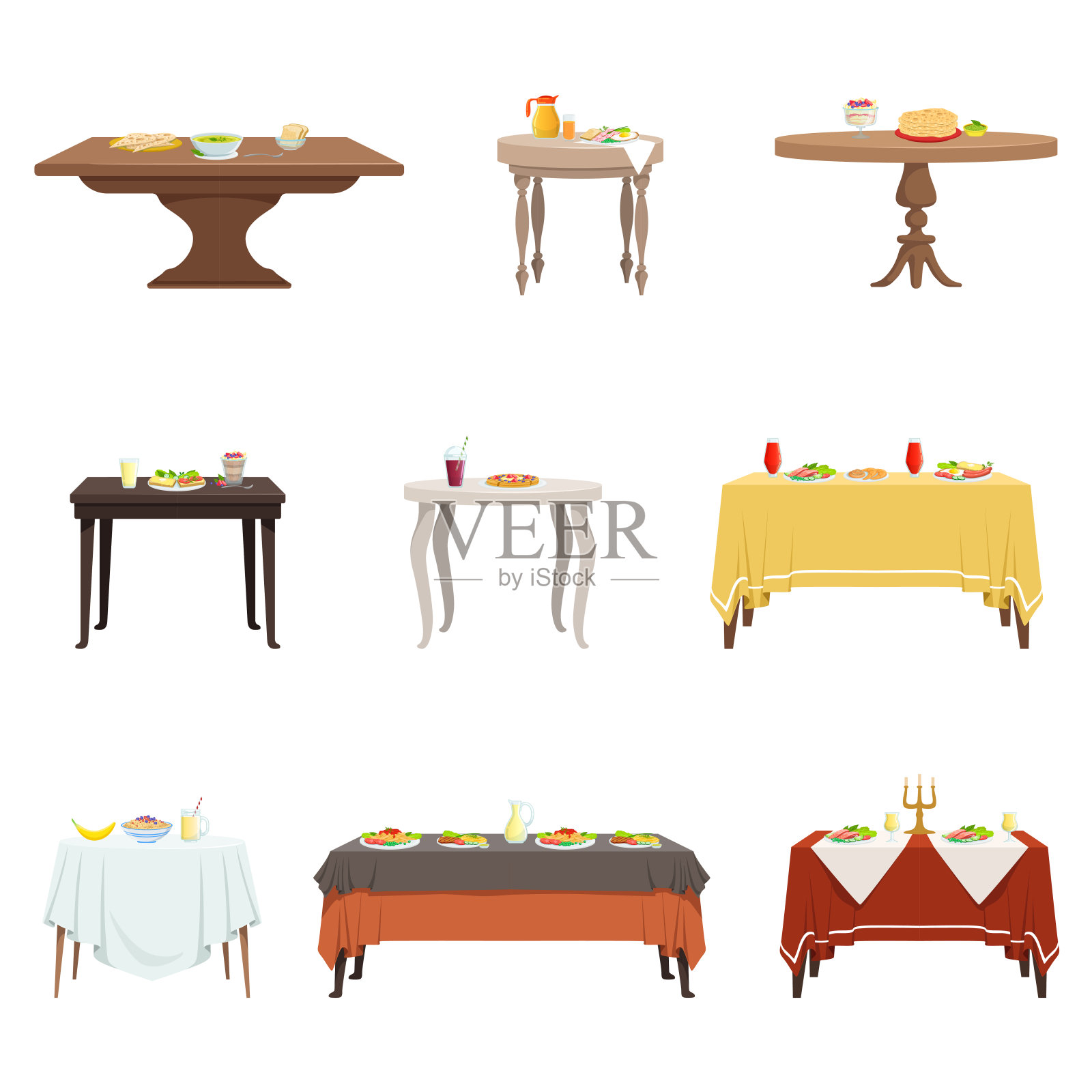 平面矢量木桌与各种食物和饮料。卡通厨房家具。早餐,午餐,晚餐插画图片素材