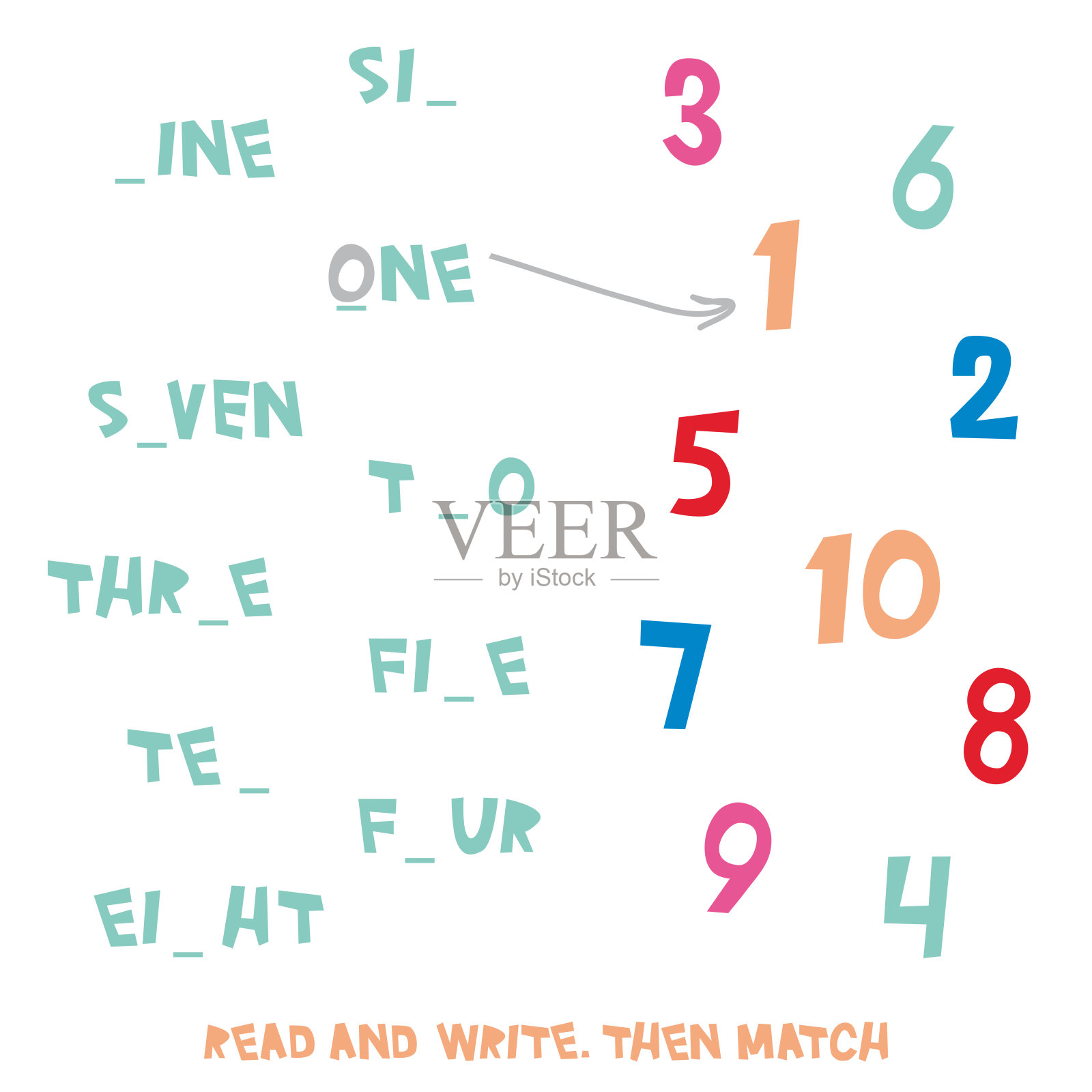 读和写。然后匹配。图1 - 10儿童单词学习游戏，用简单的彩色图形和填空单词的工作表。学习数字和词汇。向量插画图片素材