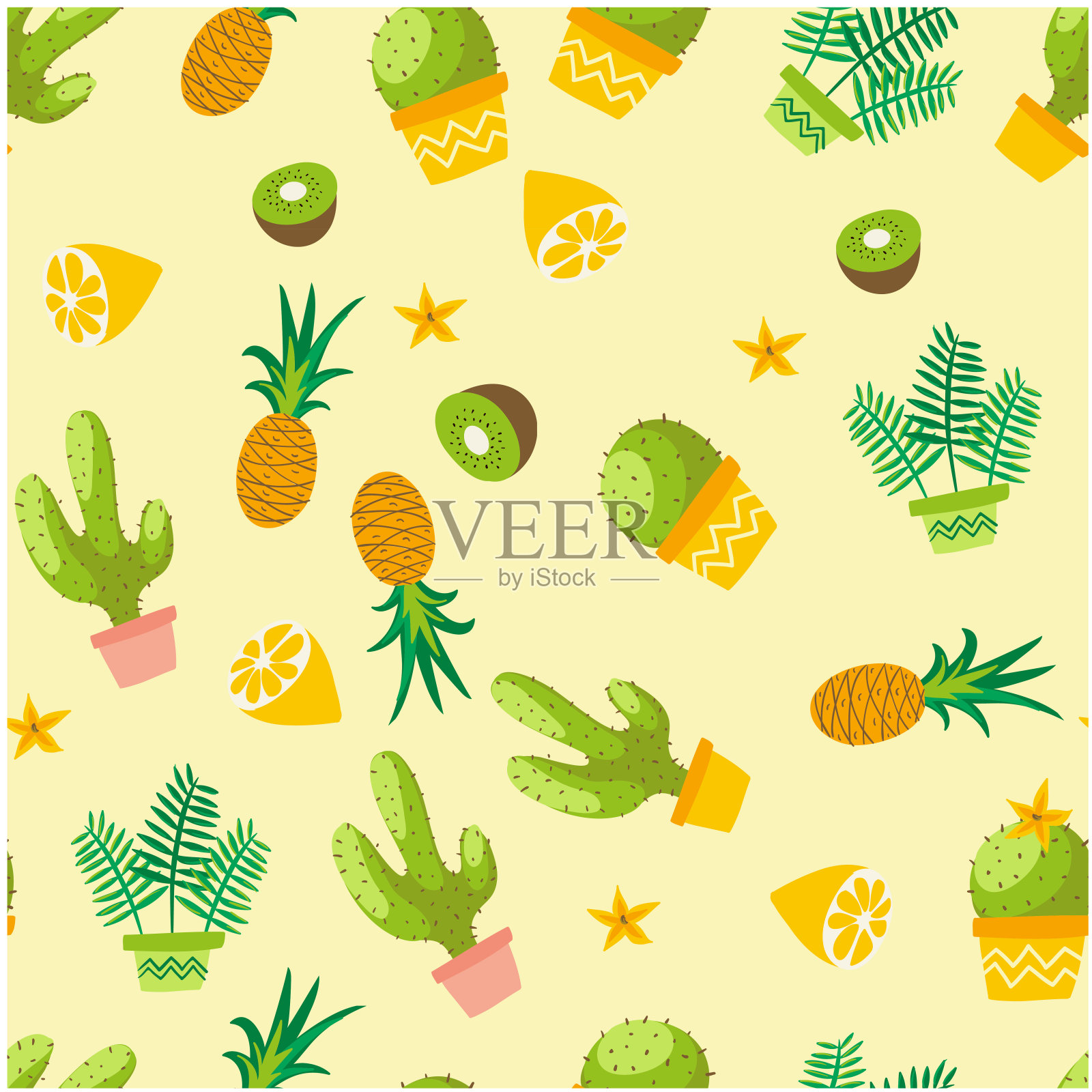 植物图案仙人掌菠萝猕猴桃草药背景矢量图像插画图片素材