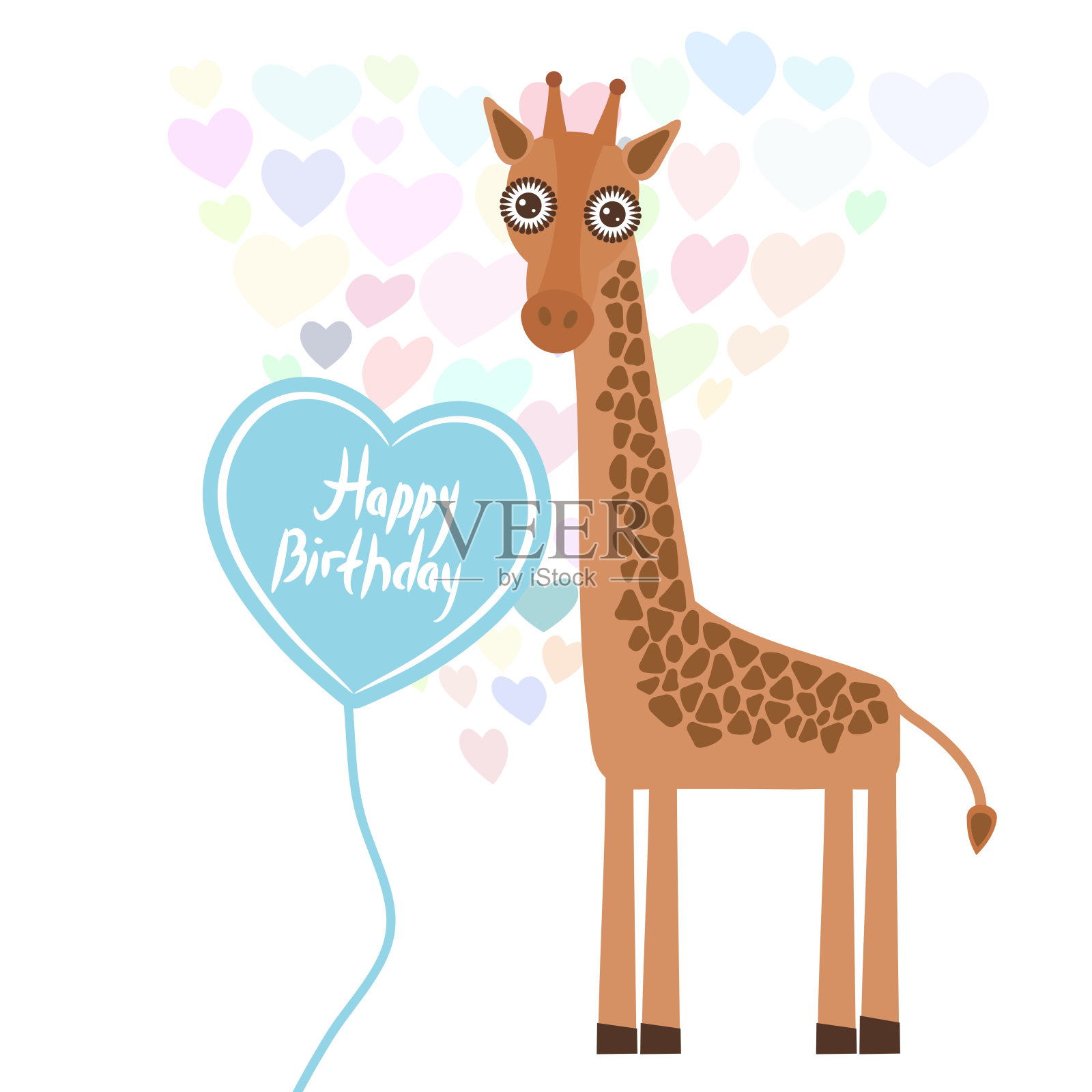 快乐生日贺卡设计可爱的可爱长颈鹿与气球在心脏的形状，柔和的颜色在白色的背景。向量插画图片素材
