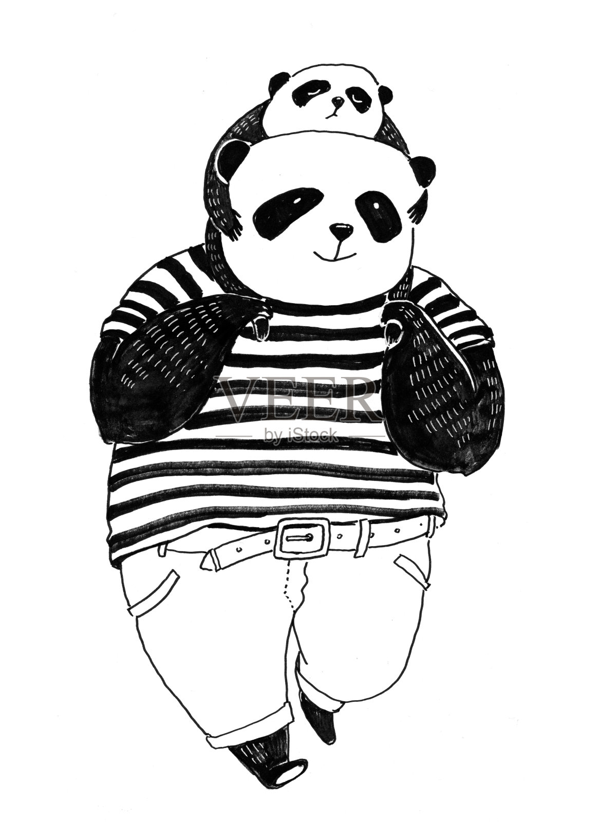 钢笔黑白插图着色书。熊猫爸爸穿着黑色和白色的t恤走远了，他的小熊猫在他的肩膀上设计元素图片