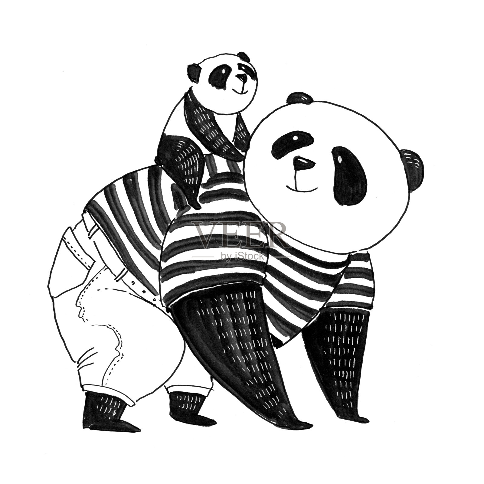 钢笔黑白插图着色书。熊猫爸爸穿着黑色和白色的t恤，背着他的小儿子走了很远插画图片素材