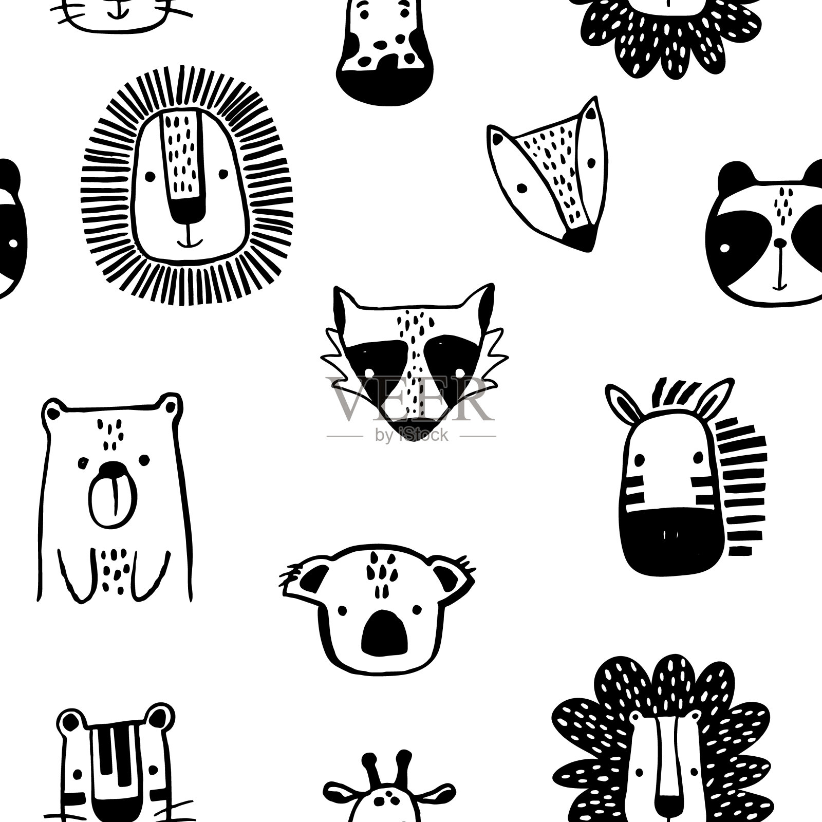 天衣无缝的童稚图案，用可爱的笔墨画出黑白风格的动物。创意斯堪的纳维亚儿童织物，包装，纺织品，壁纸，服装纹理。矢量图插画图片素材