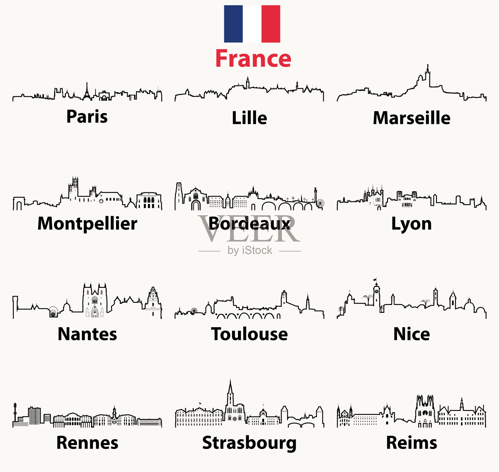 矢量轮廓图标的法国城市天际线插画图片素材