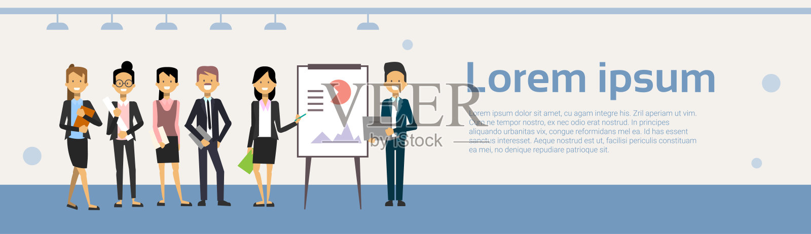 商务人士领导的演示，培训或会议报告站在数据挂图上插画图片素材
