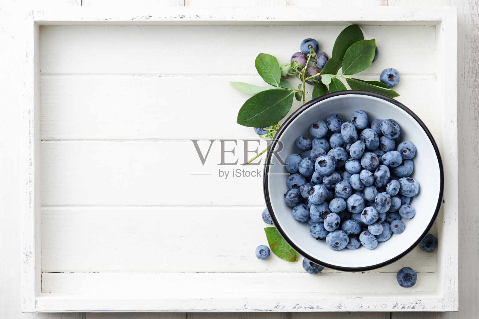 新鲜成熟的蓝莓放在白色的托盘里照片摄影图片