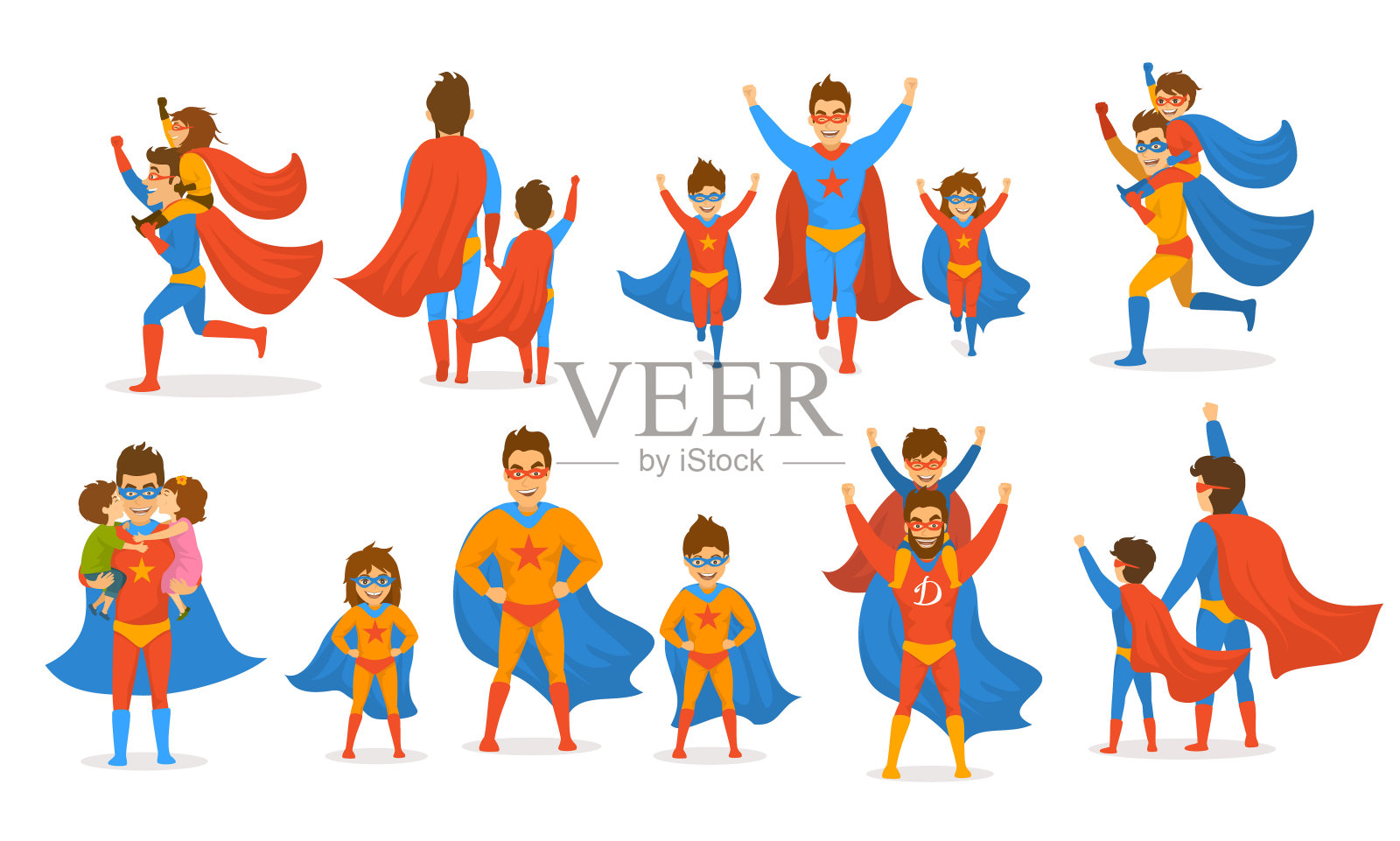 父亲节概念孤立矢量插画场景设置，爸爸和孩子们，男孩和女孩扮演超级英雄，穿着超级英雄服装插画图片素材