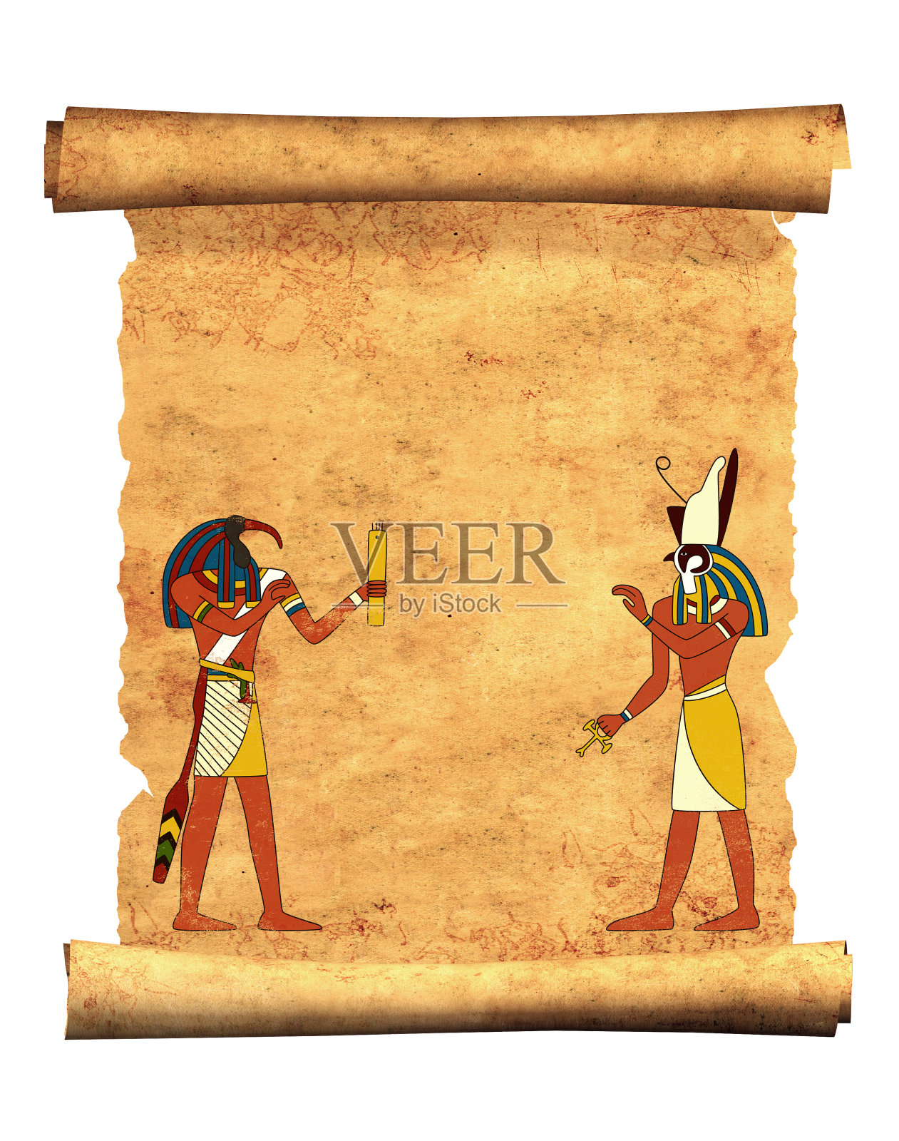 古羊皮纸上印着埃及神托特和荷鲁斯的图像照片摄影图片