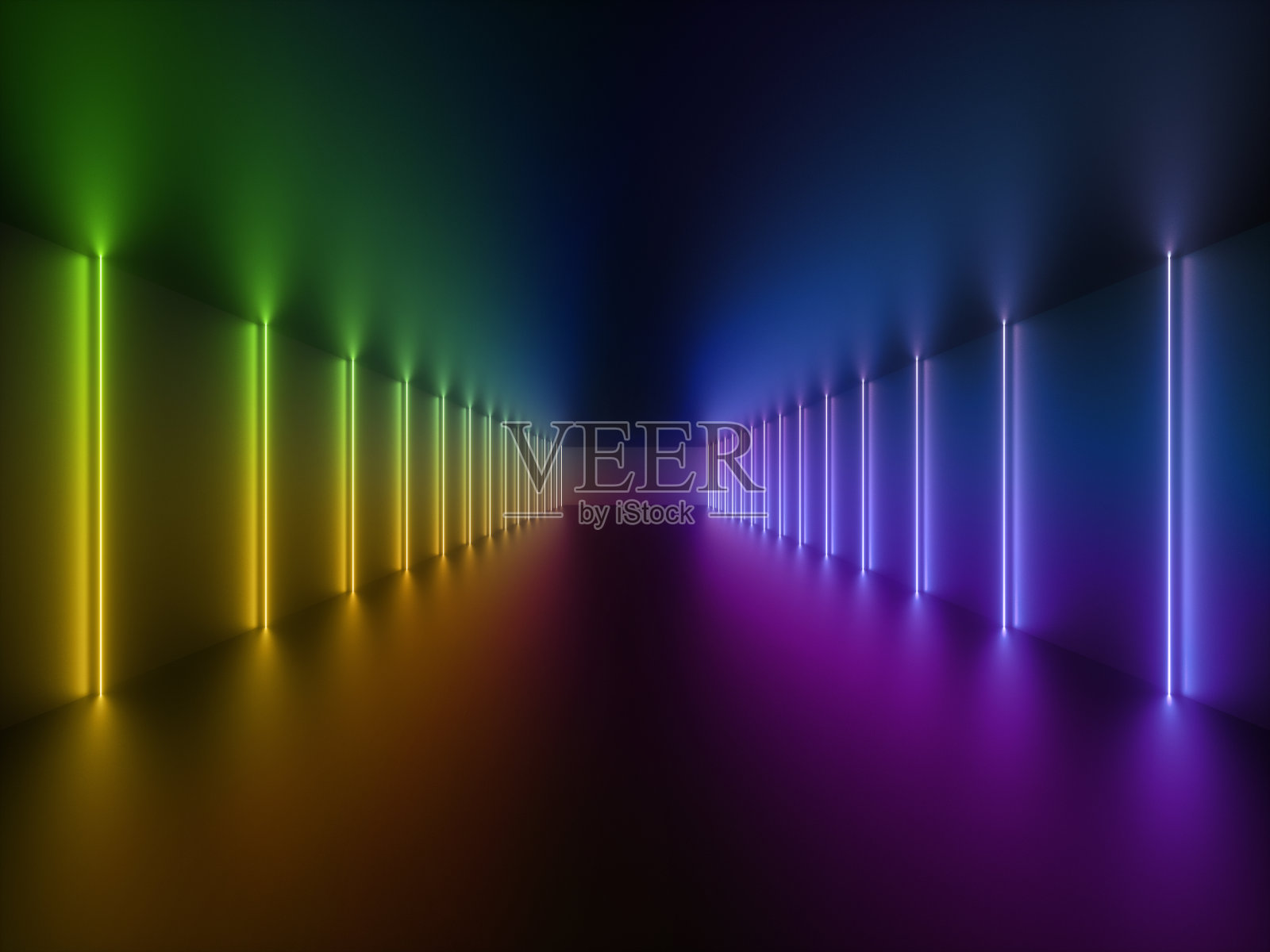 3d渲染，发光的线条，霓虹灯，抽象的迷幻背景，走廊，隧道，紫外线，光谱鲜艳的颜色，激光显示照片摄影图片
