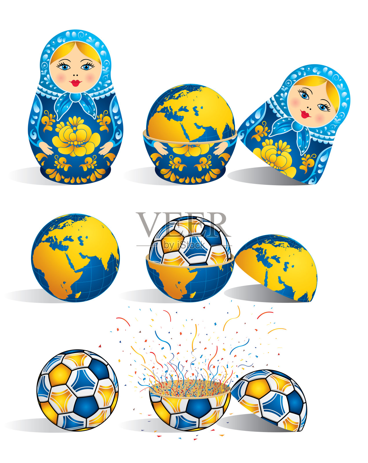 蓝色的俄罗斯套娃里面有一个星球，世界里面有一个足球，球里面有爆炸的五彩纸屑。俄罗斯套娃，又称俄罗斯套娃，是一套尺寸递减的木制玩偶插画图片素材