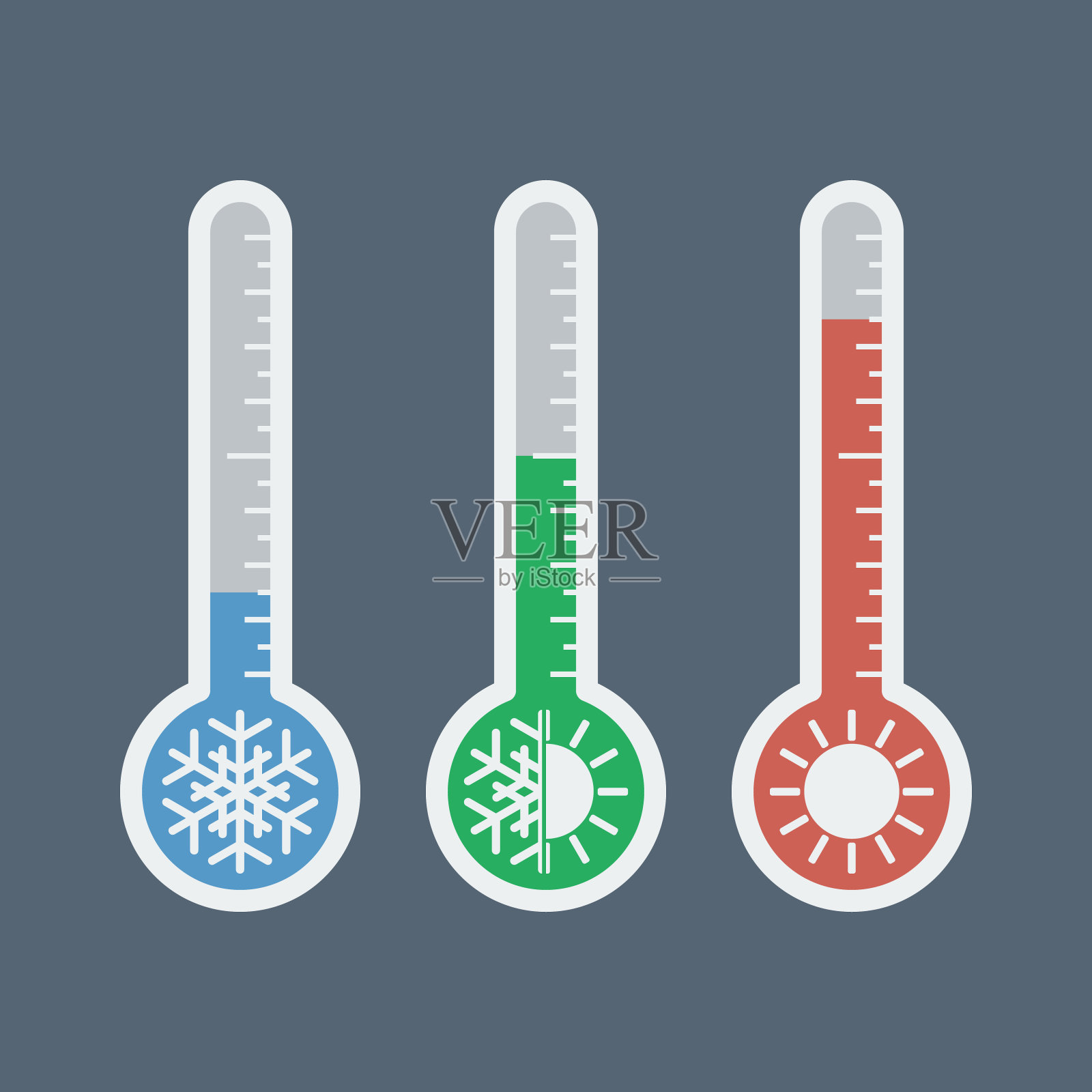 不同温度的温度计和太阳雪花图标，矢量插图插画图片素材