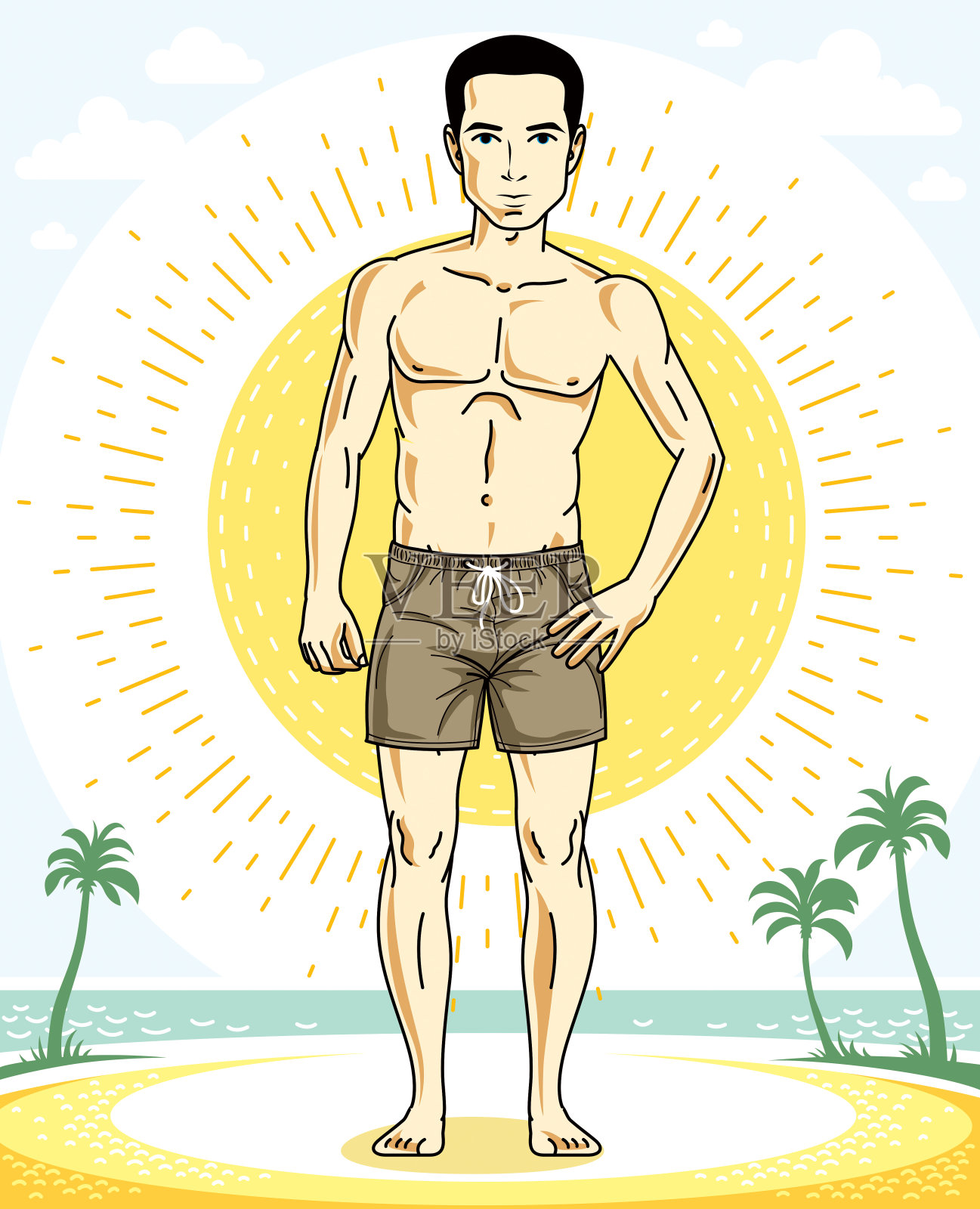 英俊的黑发男子站在热带海滩上，穿着沙滩短裤。矢量插图。暑假的主题。插画图片素材