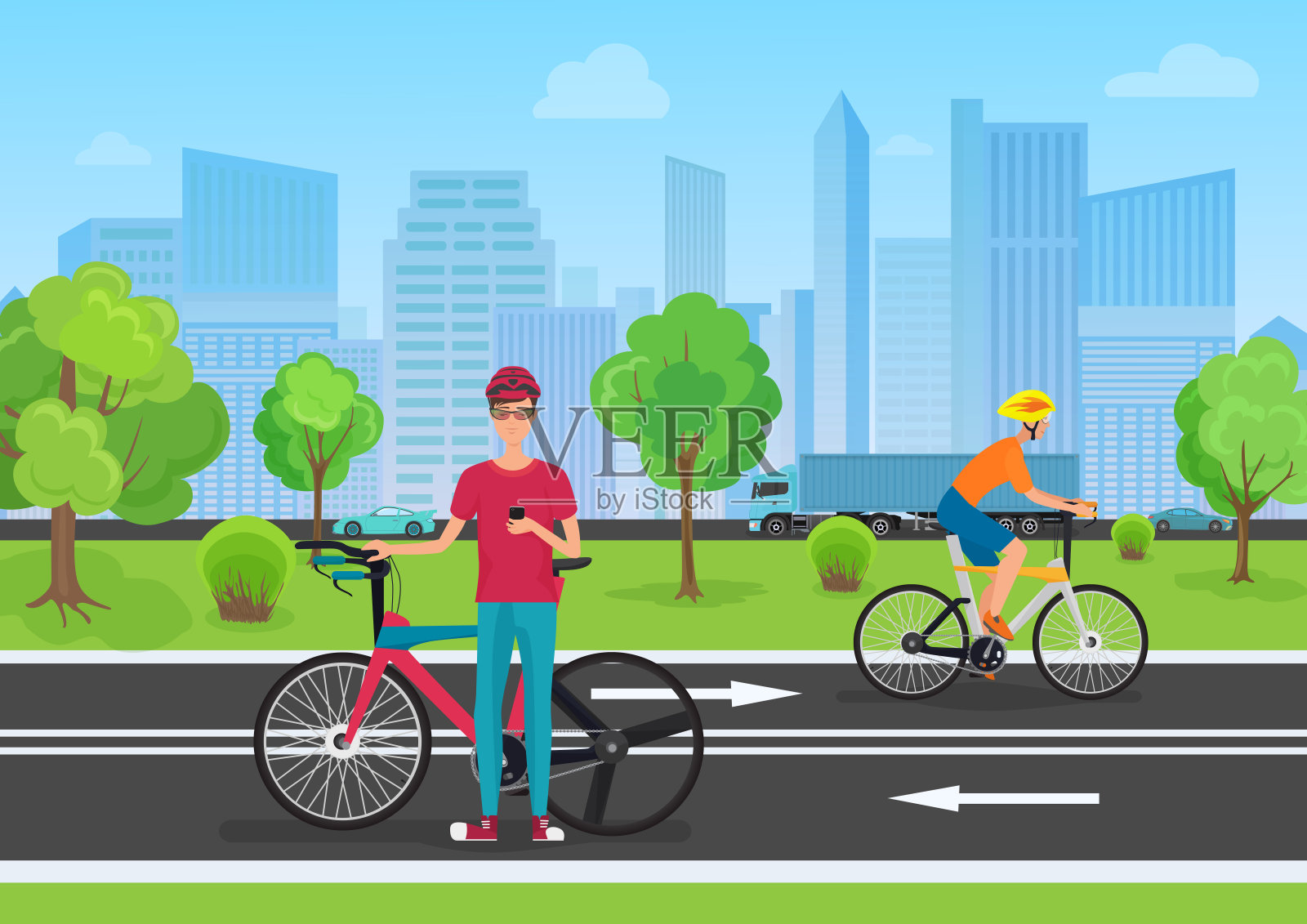 在公园骑自行车的矢量插图。骑自行车的人在用手机。骑自行车的人在城市公园里散步。插画图片素材
