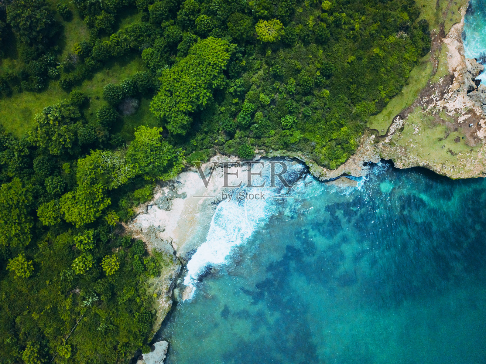 俯视图或鸟瞰图的热带岛屿森林和翡翠清澈的水在西苏门答腊岛，印度尼西亚。照片摄影图片