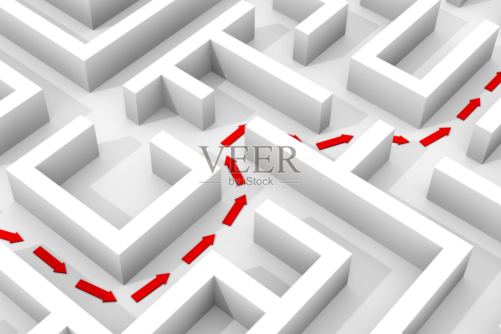 白色迷宫结构与红色箭头显示通过迷宫的完美路径(3d插图)照片摄影图片