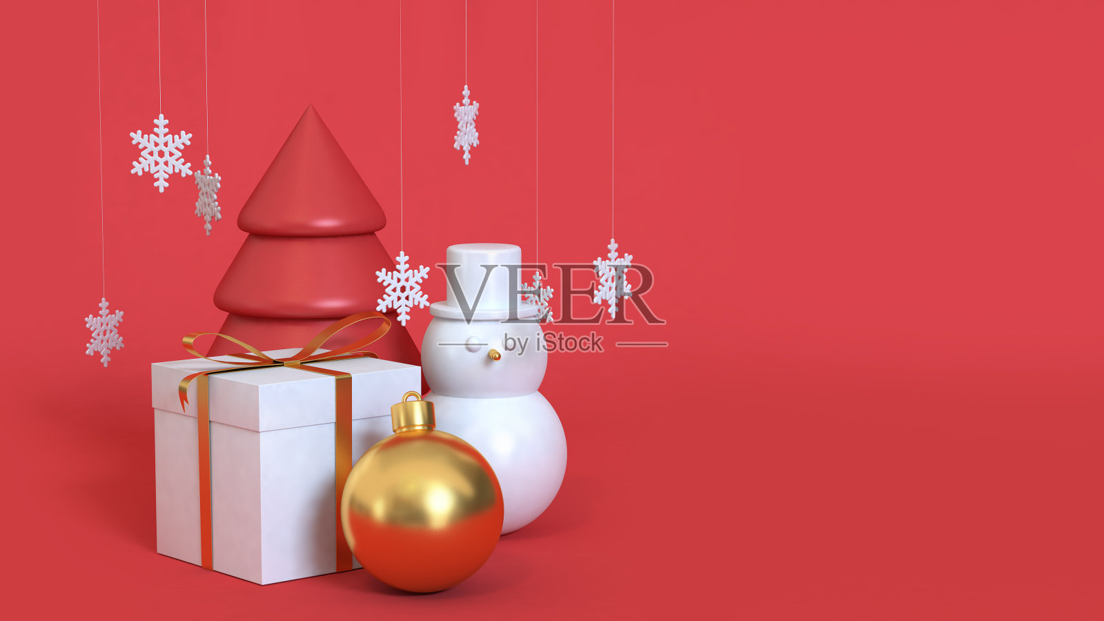 摘要圣诞红背景3d渲染用多对象圣诞树礼盒里的雪人金属金球，节日圣诞新年概念照片摄影图片