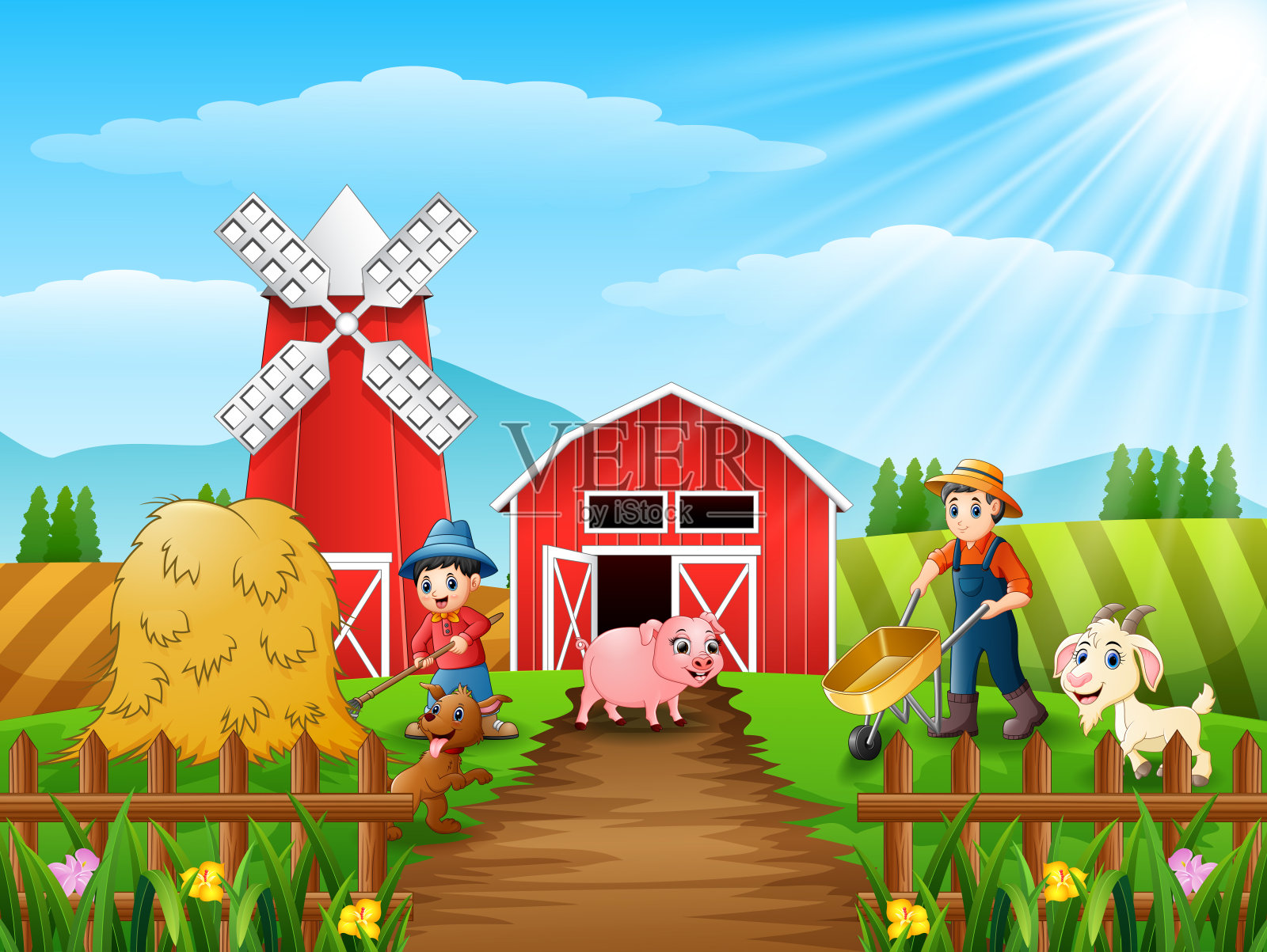 农场上的耕作活动，在笼子前面有动物插画图片素材