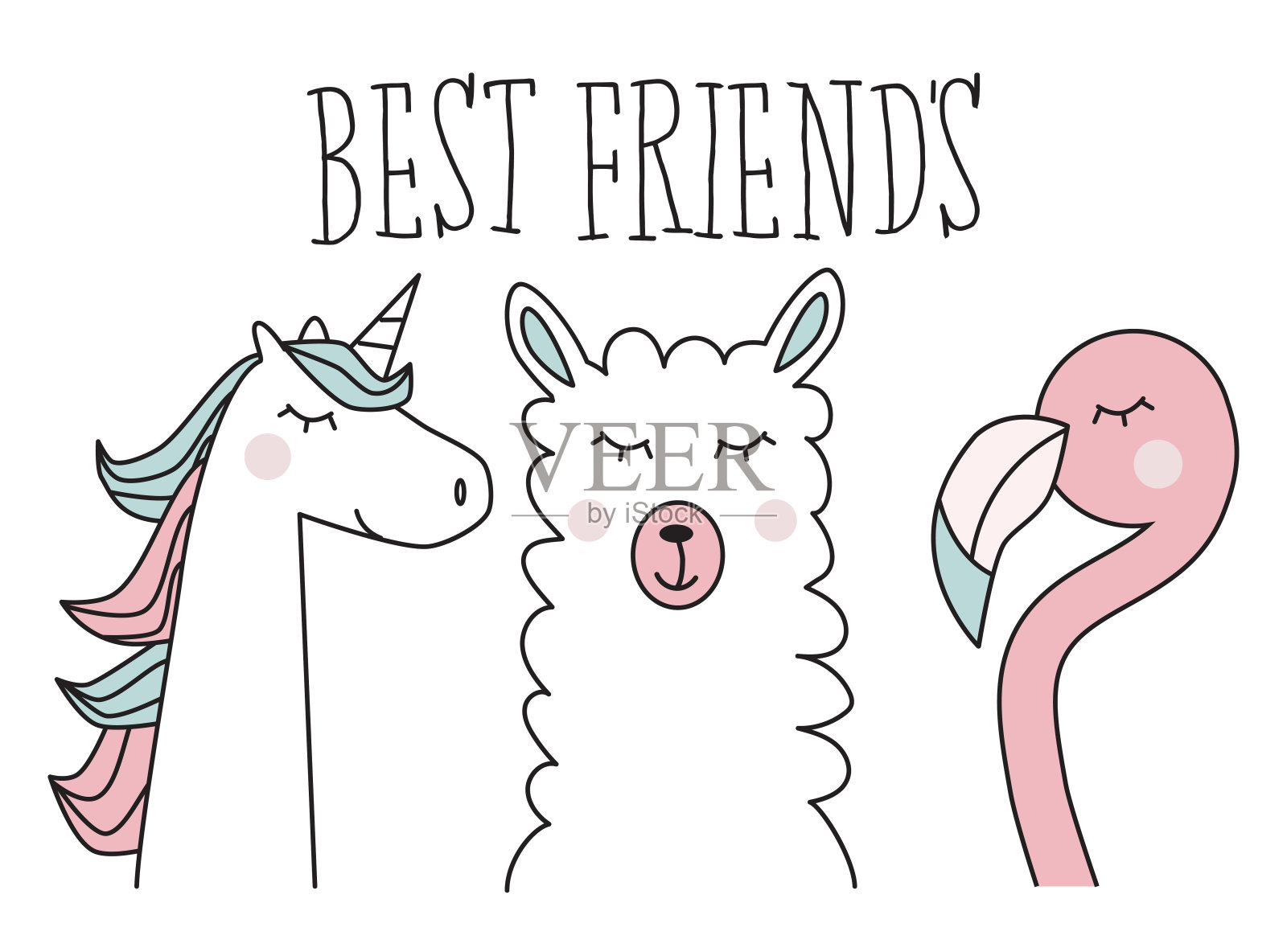 独角兽，美洲驼和火烈鸟，最好的朋友，插图设计元素图片