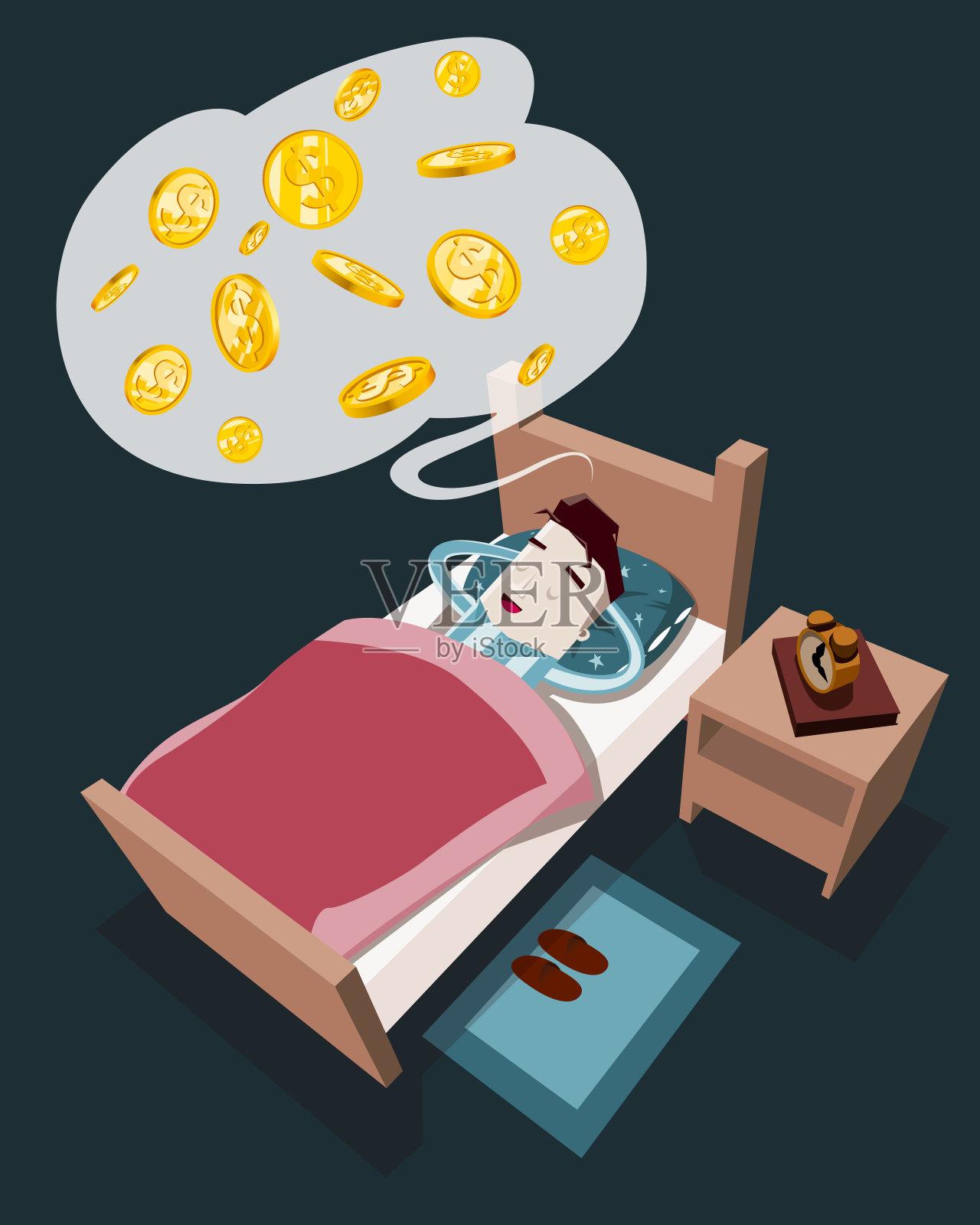睡觉的人梦到钱插画图片素材