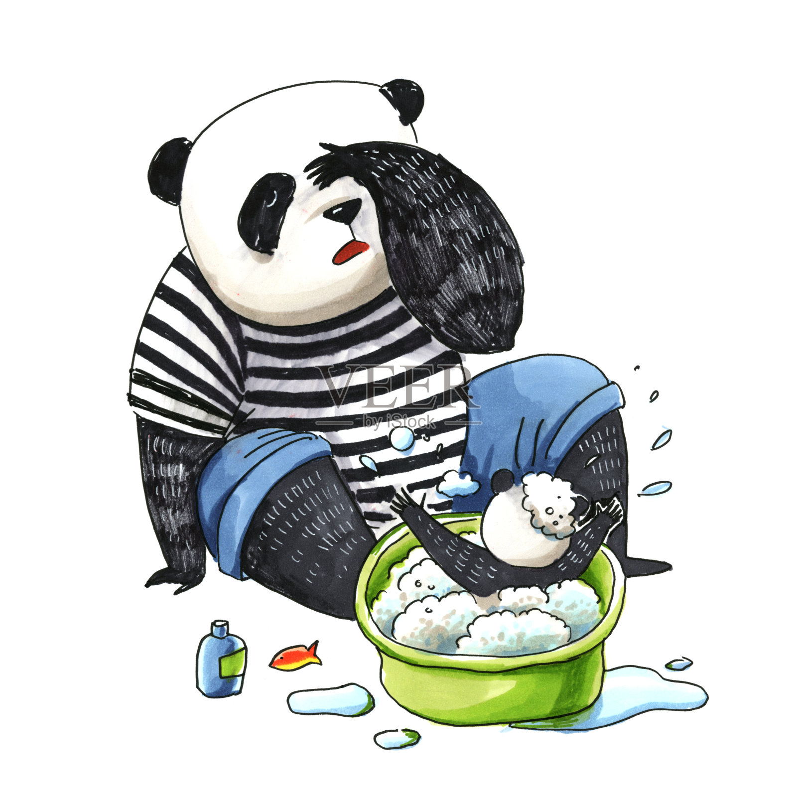 水彩和标记插图。熊猫爸爸穿着黑白相间的t恤在盆里给他的小儿子洗澡，盆里还喷着泡沫插画图片素材