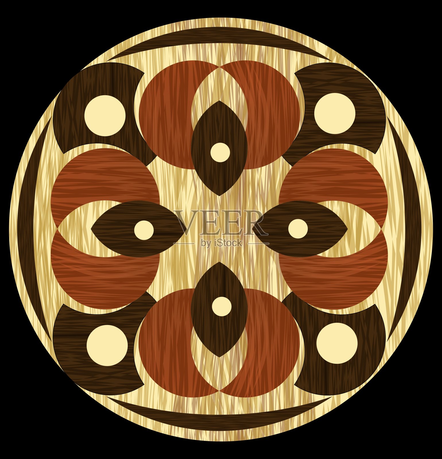 木镶嵌，明暗木纹以圆圈构成。单板纹理仿古几何装饰。木艺装饰模板插画图片素材