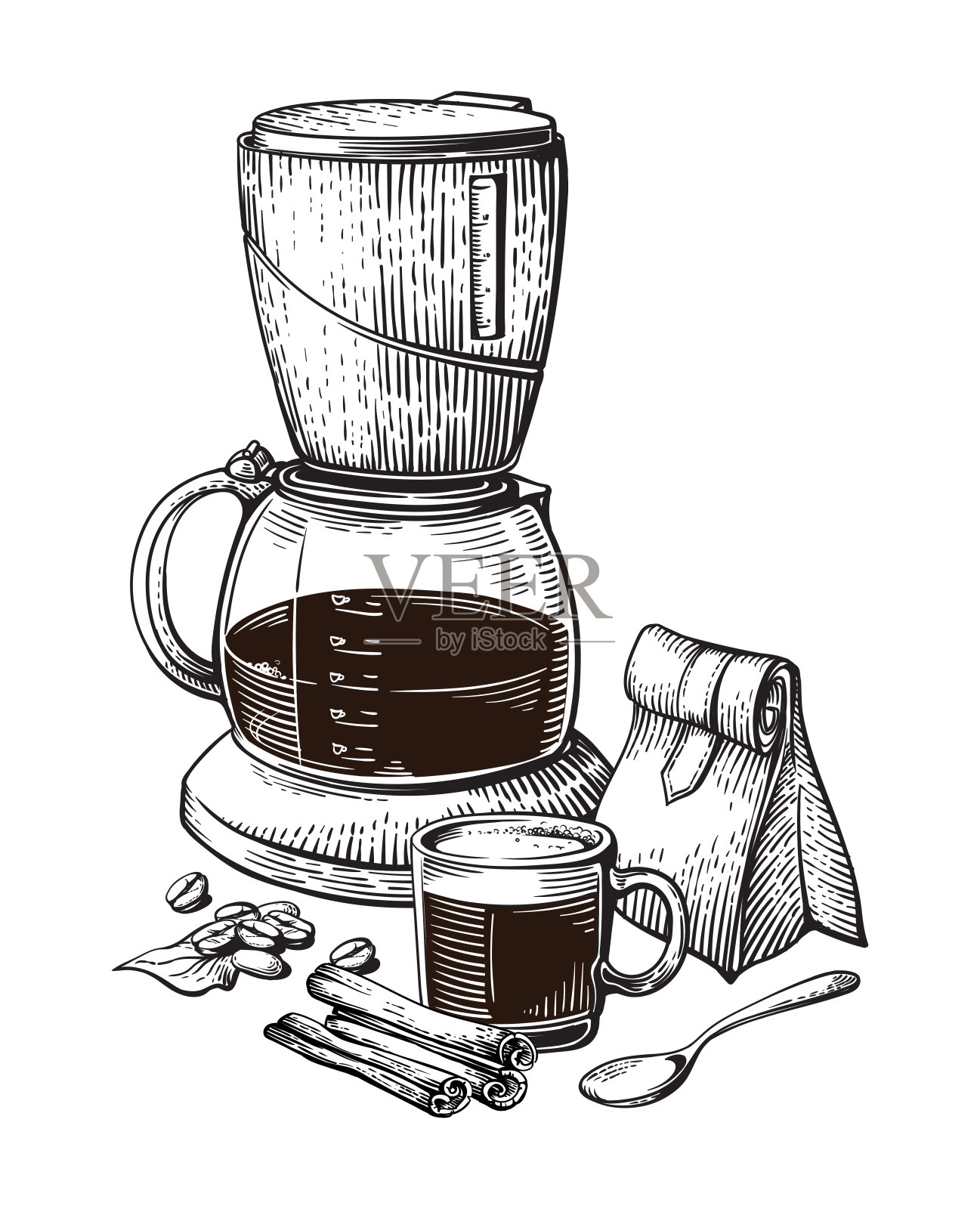咖啡手画集合向量素描杯袋豆制造者拿铁肉桂插画图片素材
