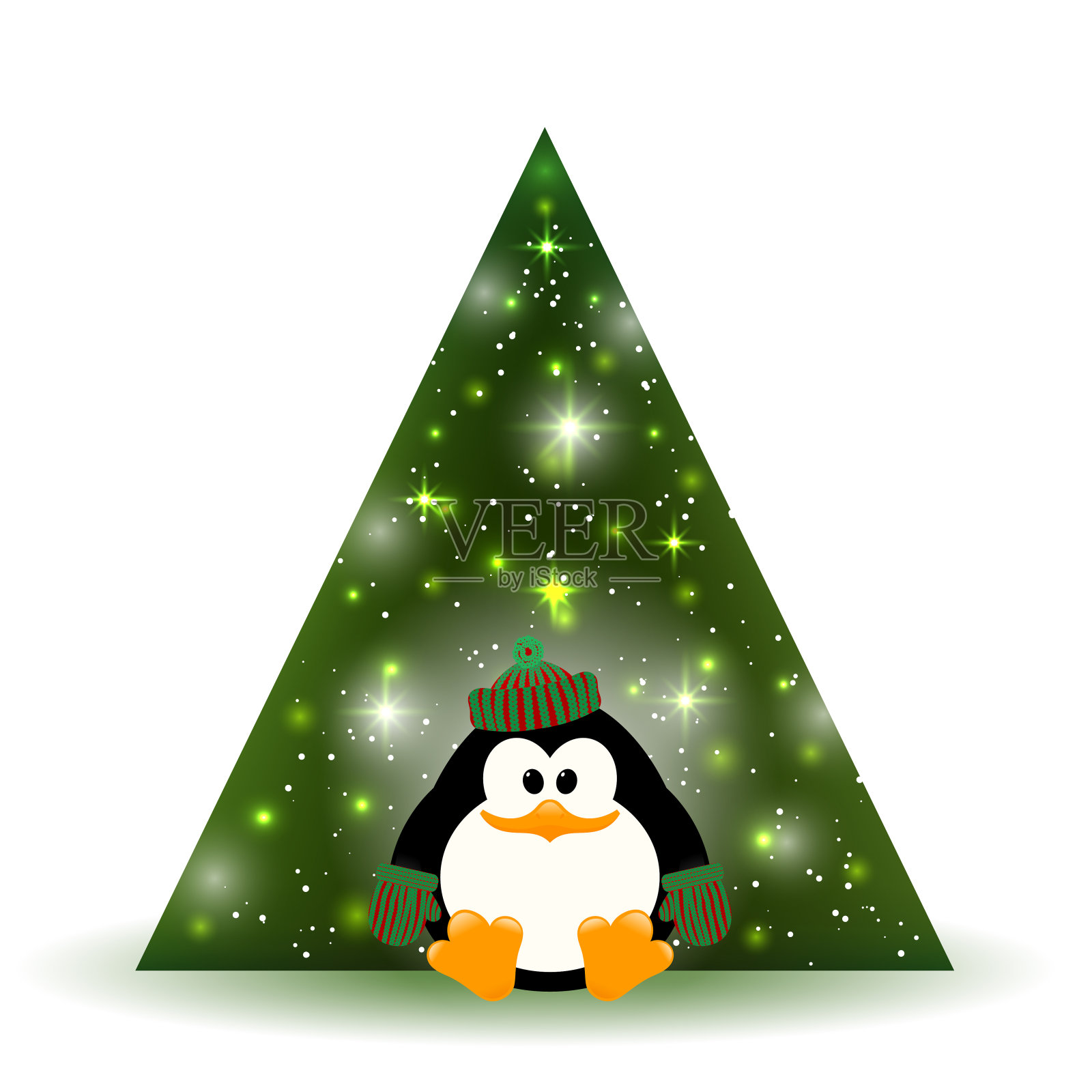 可爱的小企鹅在圣诞树附近的白色背景矢量插图。“nCartoon风格。企鹅和树——新年的象征设计元素图片