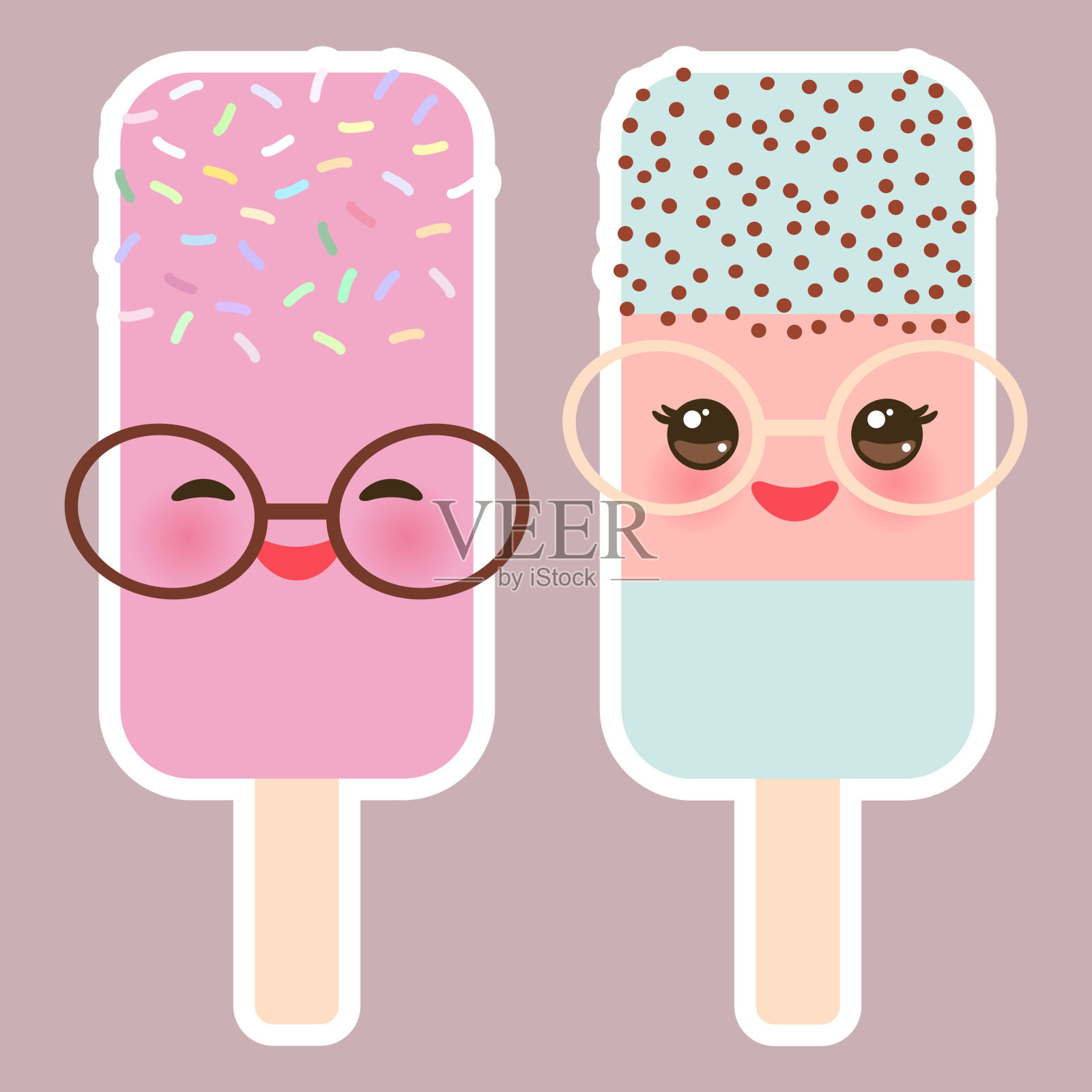 集冰淇淋，冰棒可爱的太阳镜，粉红色的脸颊和眨眼的眼睛，柔和的颜色在浅粉色玫瑰色的背景。向量插画图片素材